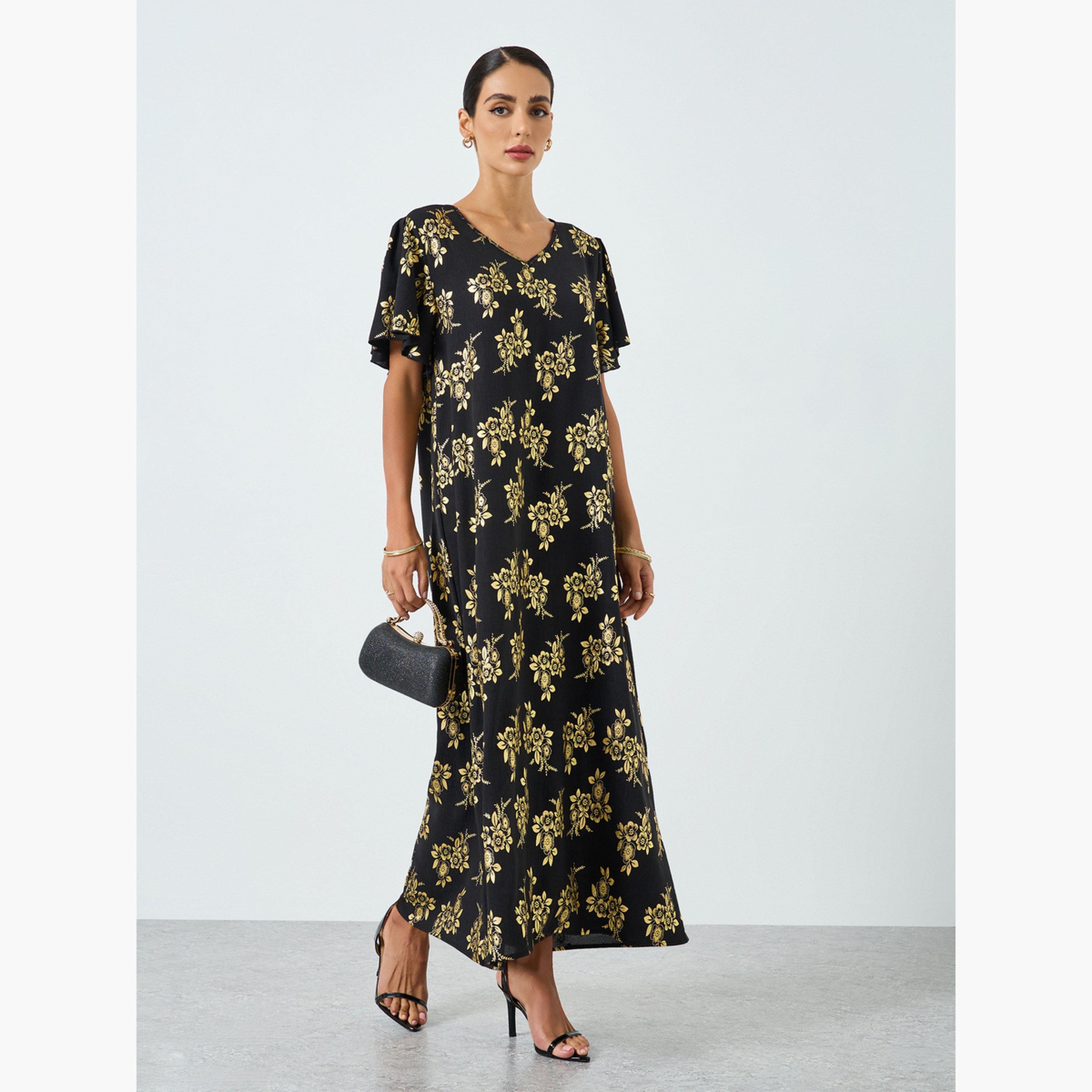 Take Two Women Floral Printed Short Sleeve Jalabiya-women-arabicclothing-jalabiyas-image-1