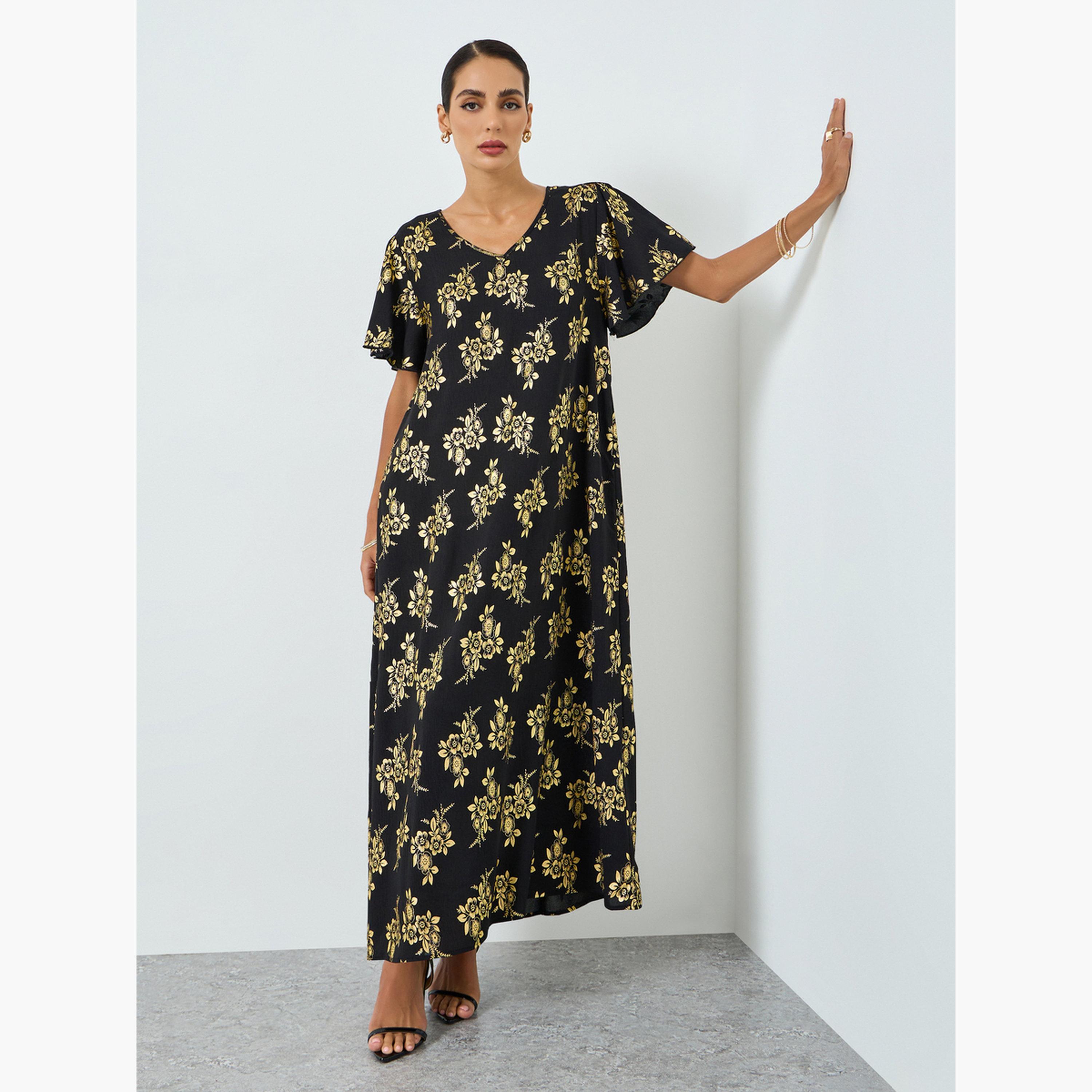 Take Two Women Floral Printed Short Sleeve Jalabiya-women-arabicclothing-jalabiyas-image-3