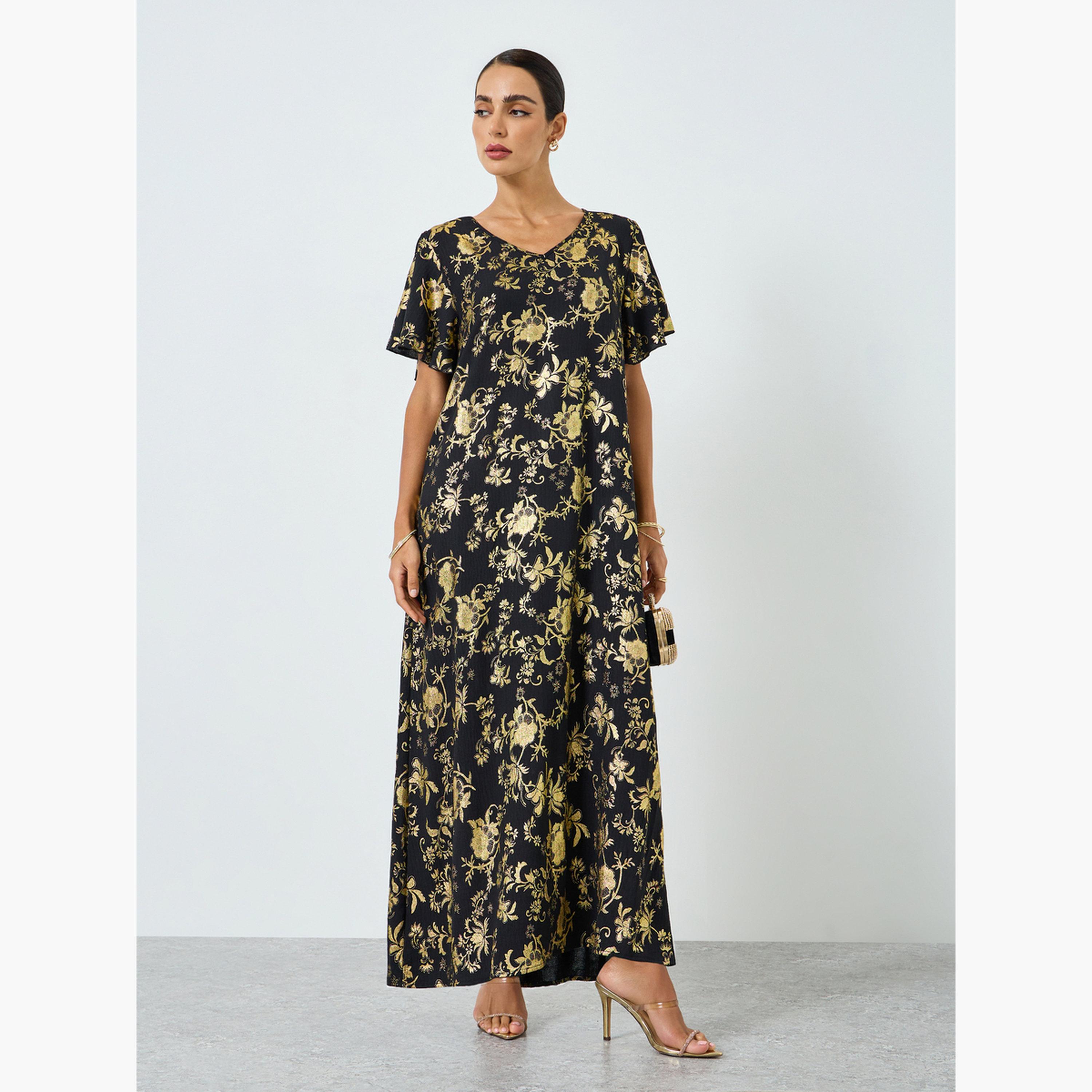 جلابية بطبعة زهور وأكمام قصيرة-women-arabicclothing-jalabiyas-image-1