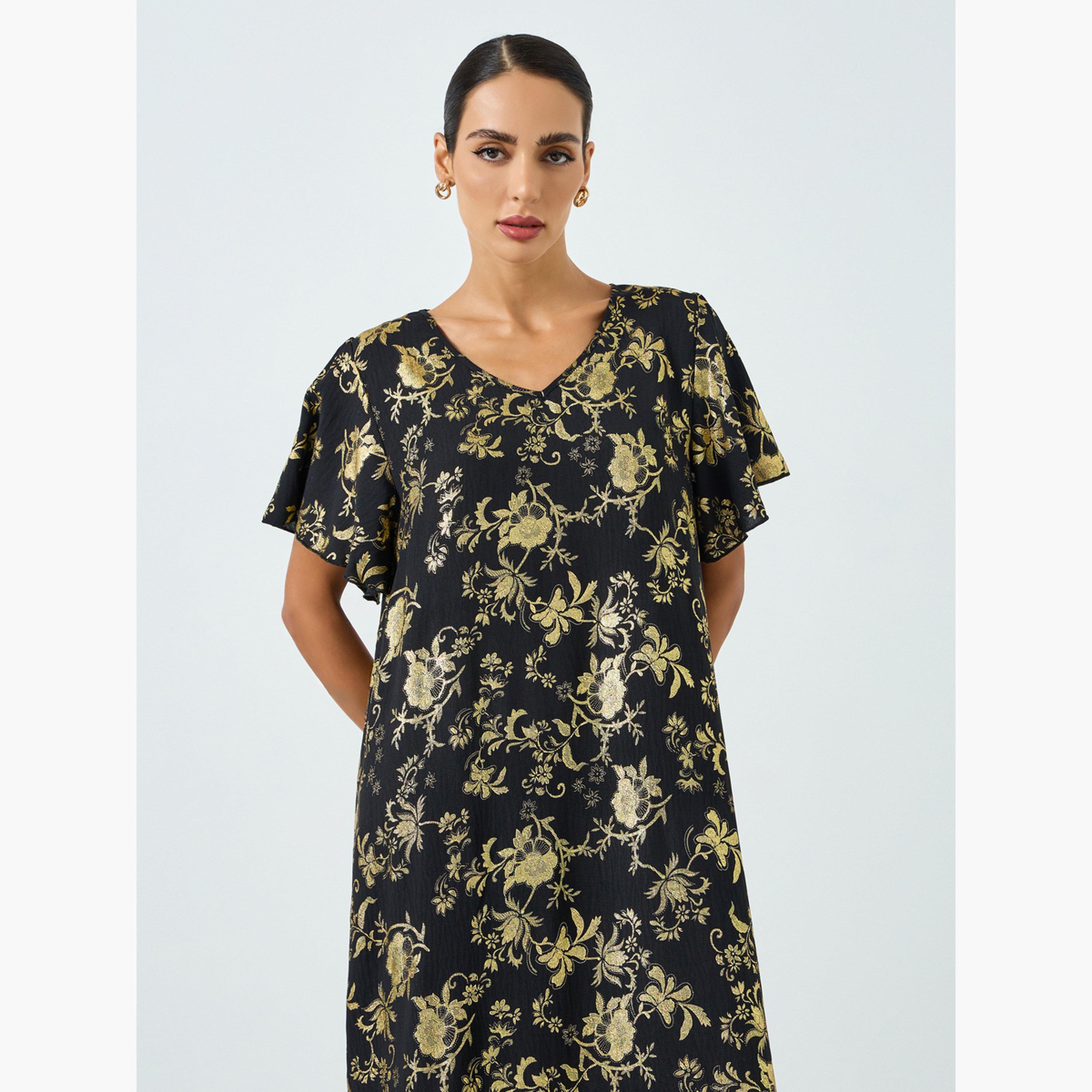 جلابية بطبعة زهور وأكمام قصيرة-women-arabicclothing-jalabiyas-image-2