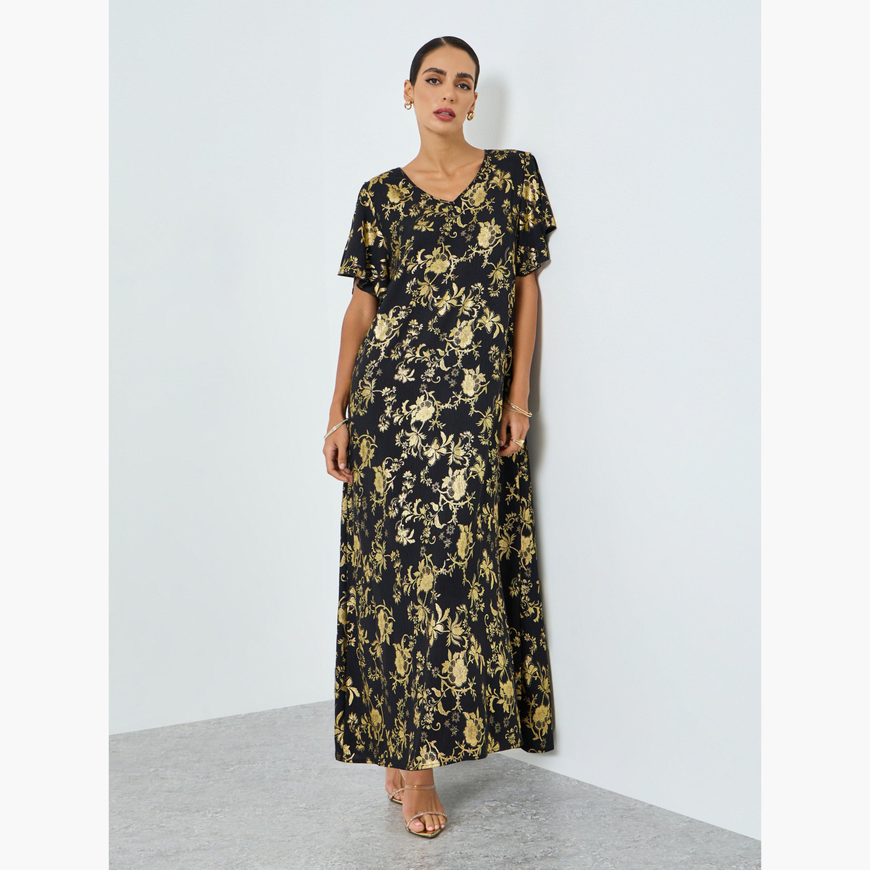 جلابية بطبعة زهور وأكمام قصيرة-women-arabicclothing-jalabiyas-image-3
