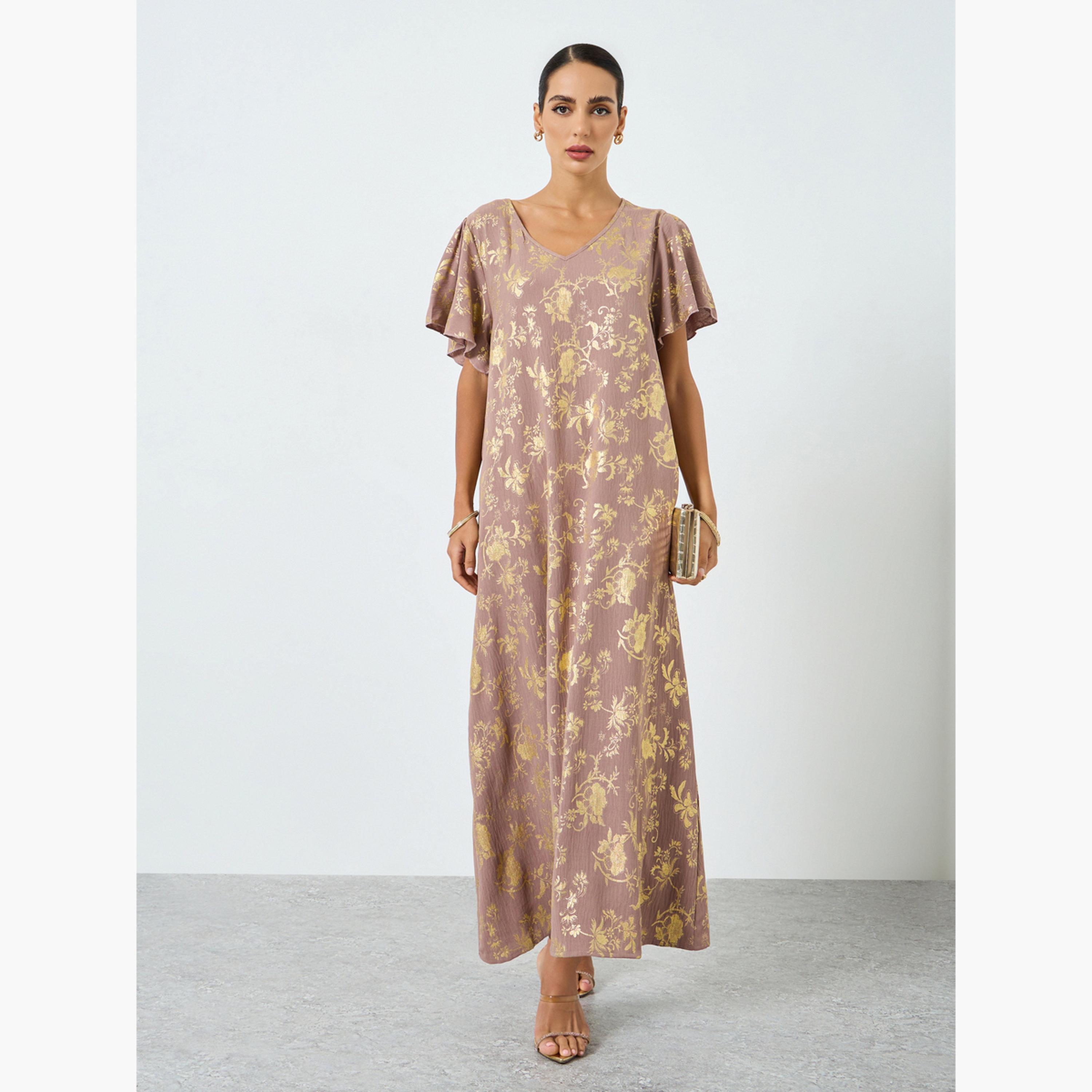 Take Two Women Floral Printed Short Sleeve Jalabiya-women-arabicclothing-jalabiyas-image-1