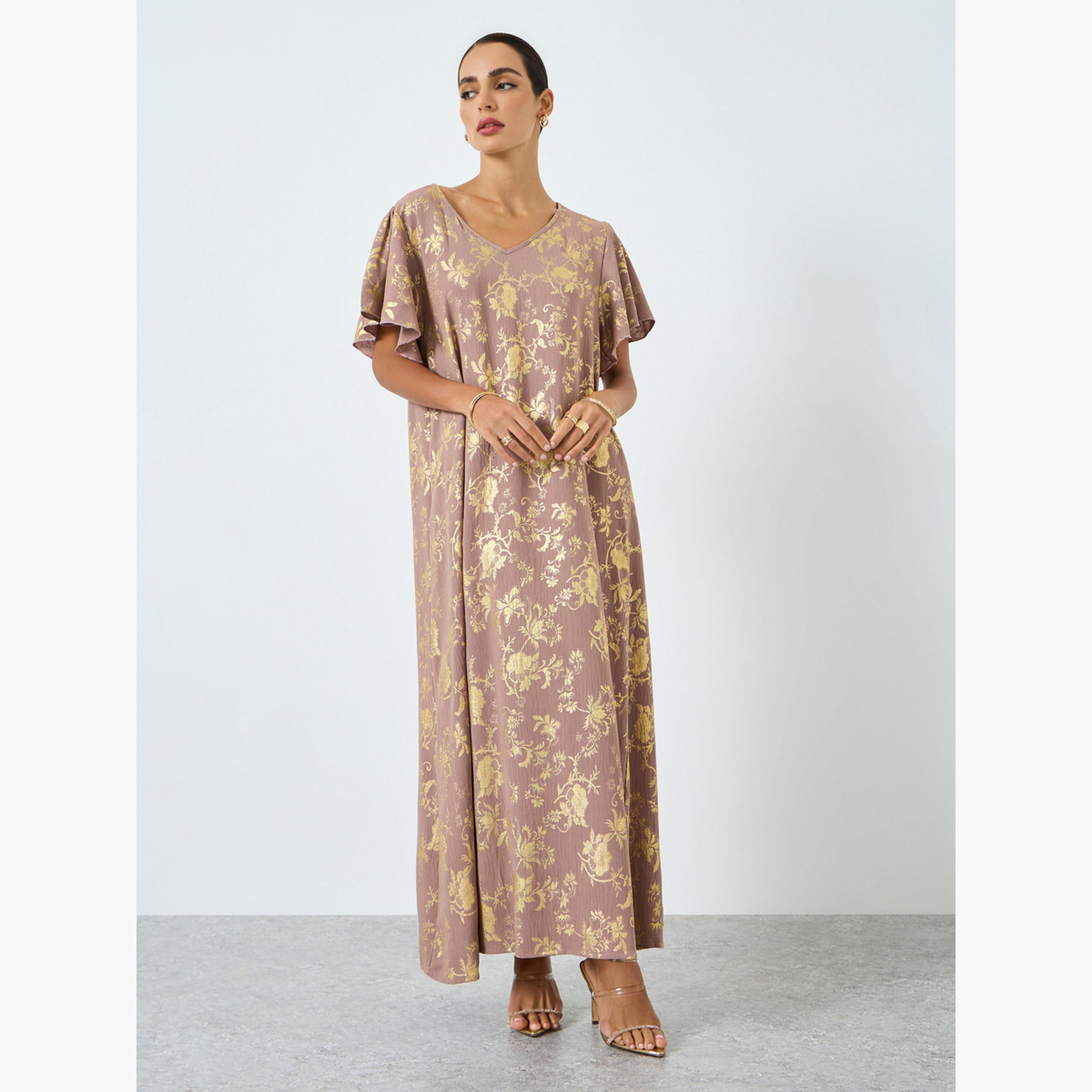 جلابية بطبعة زهور وأكمام قصيرة-women-arabicclothing-jalabiyas-image-3