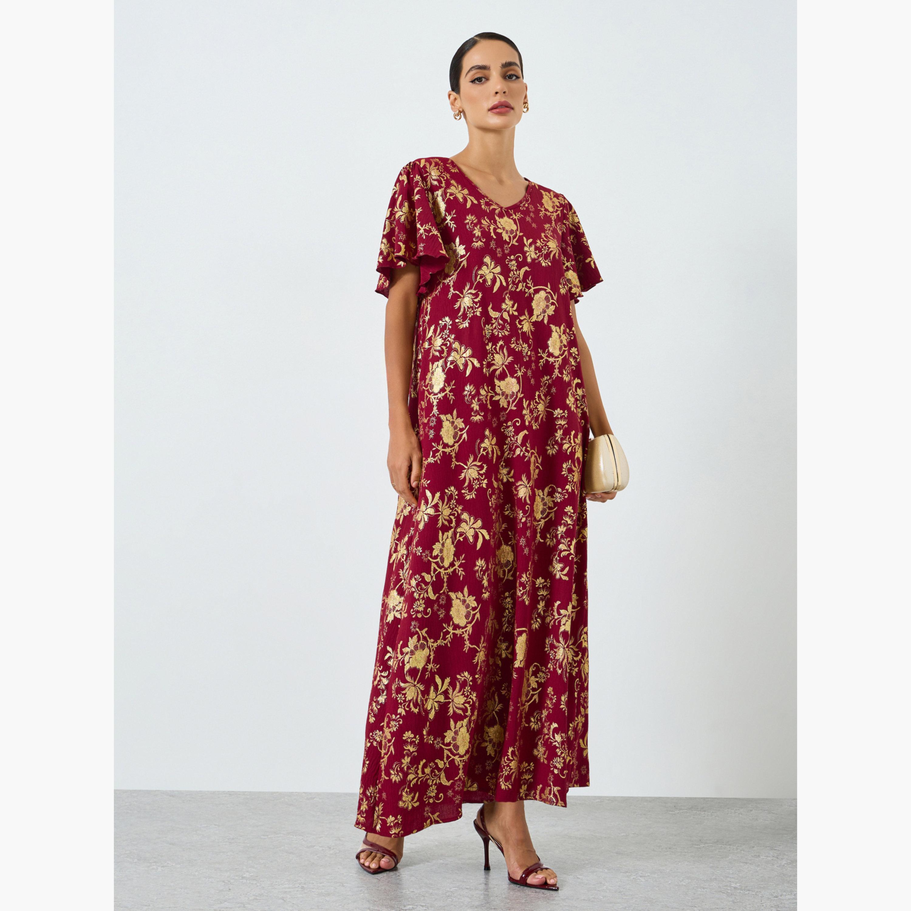 جلابية بطبعة زهور وأكمام قصيرة-women-arabicclothing-jalabiyas-image-1