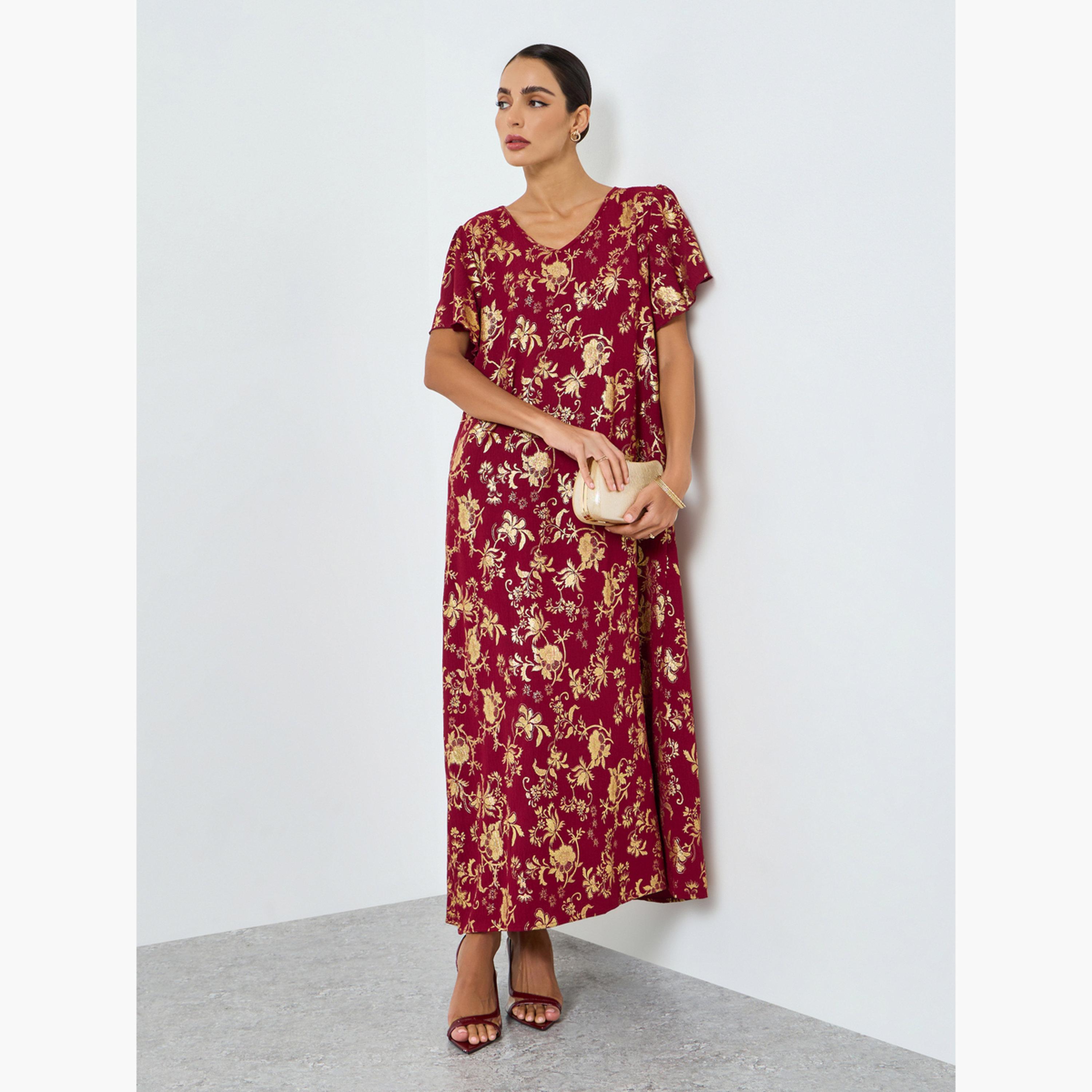 Take Two Women Floral Printed Short Sleeve Jalabiya-women-arabicclothing-jalabiyas-image-3
