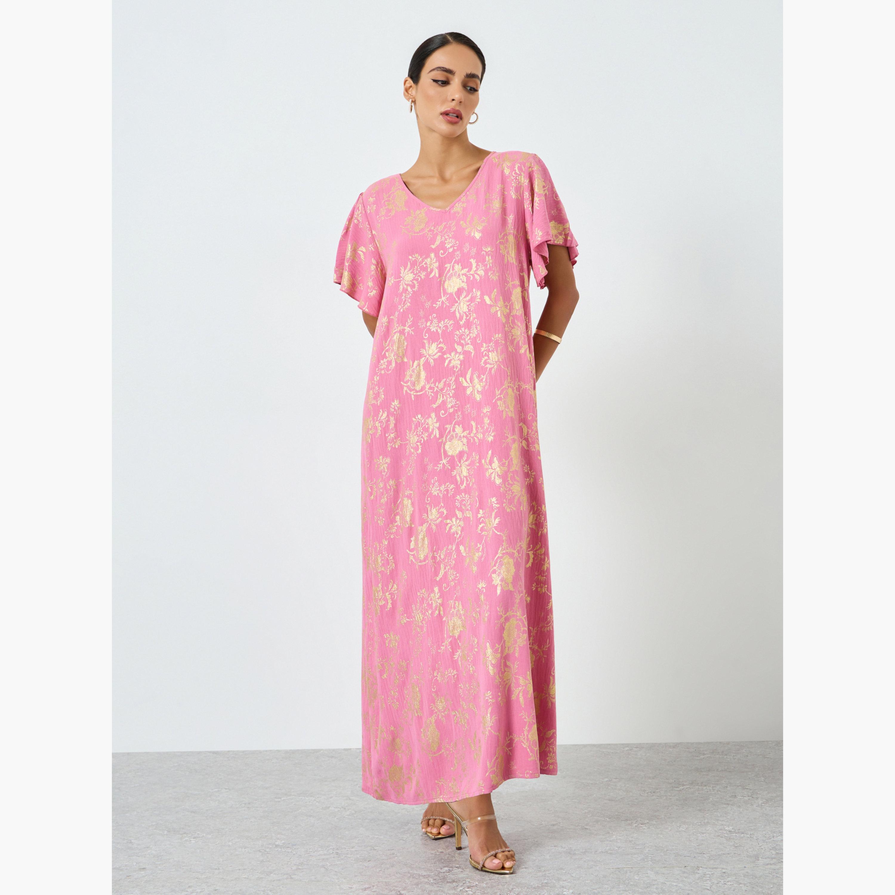 جلابية بطبعة زهور وأكمام قصيرة-women-arabicclothing-jalabiyas-image-1