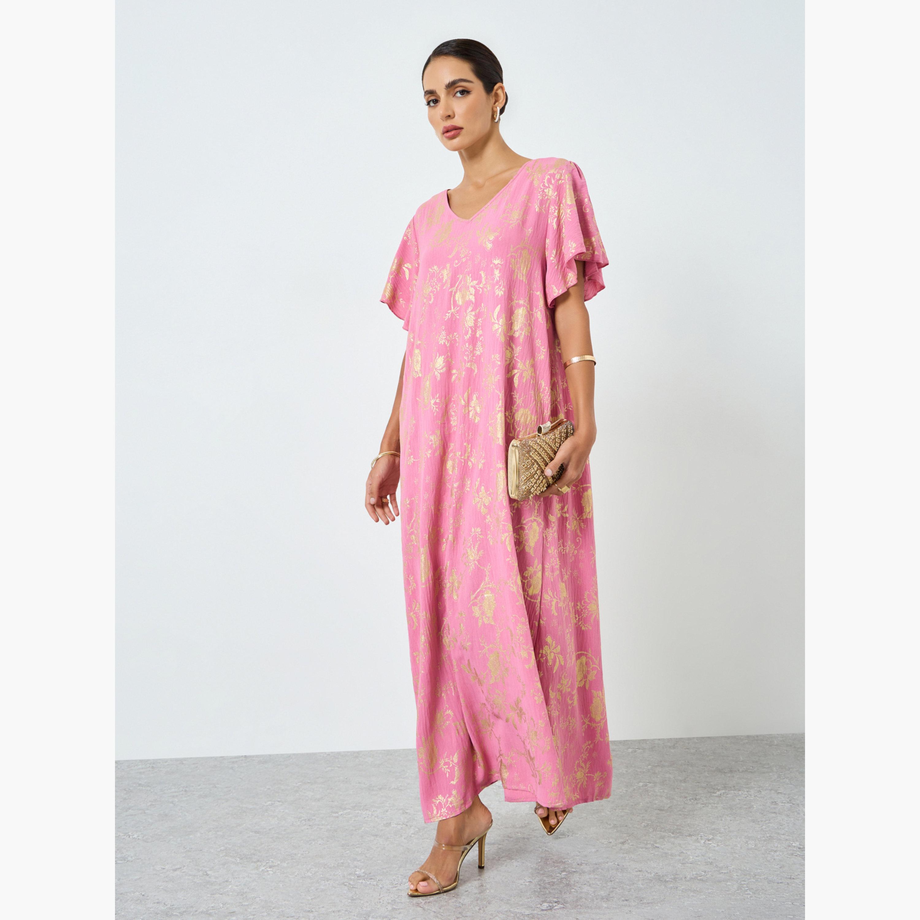 جلابية بطبعة زهور وأكمام قصيرة-women-arabicclothing-jalabiyas-image-3