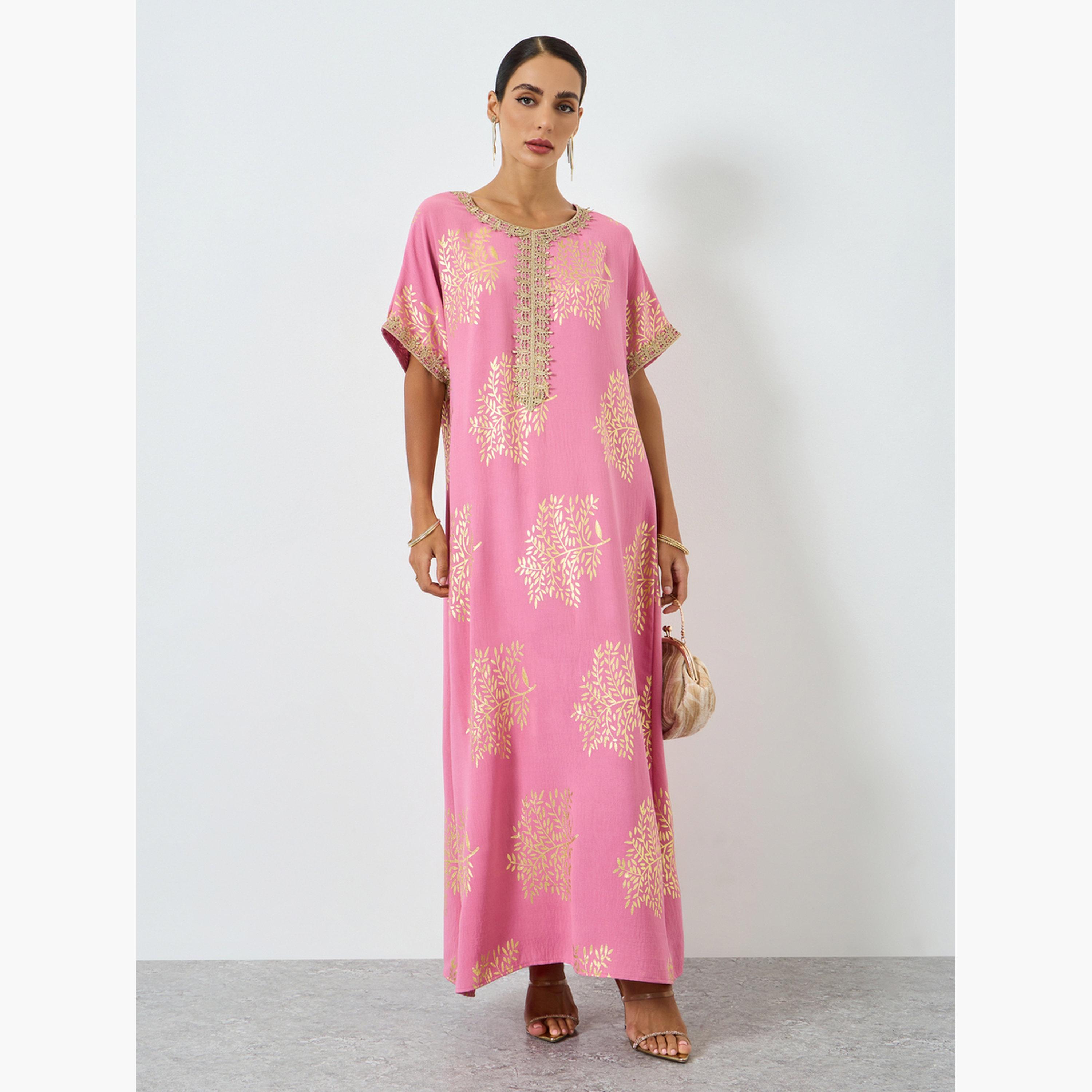 جلابية بطبعة شجر وتفاصيل ذهبية-women-arabicclothing-jalabiyas-image-1