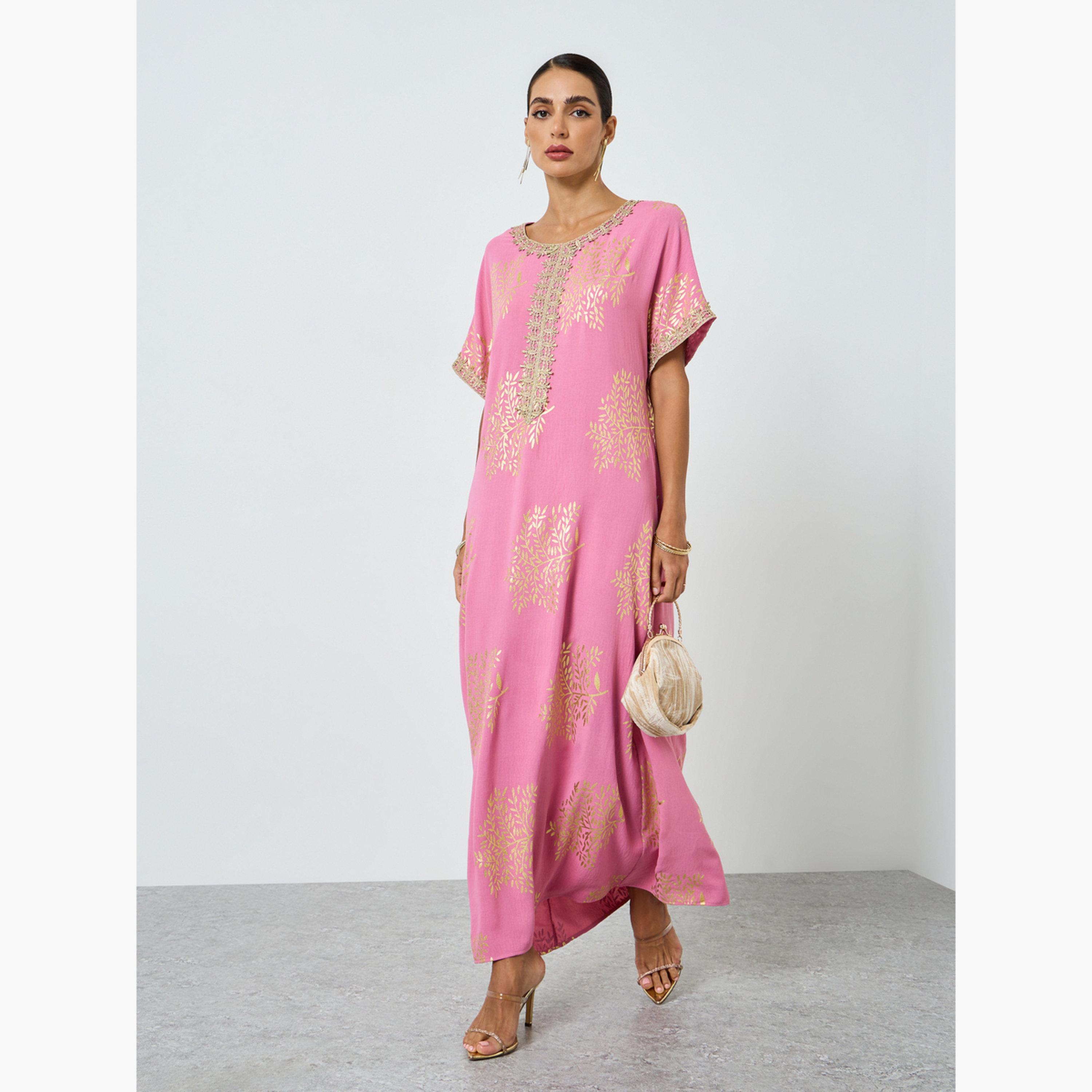 Take Two Women Tree Printed Golden Trim Patch Jalabiya-women-arabicclothing-jalabiyas-image-3