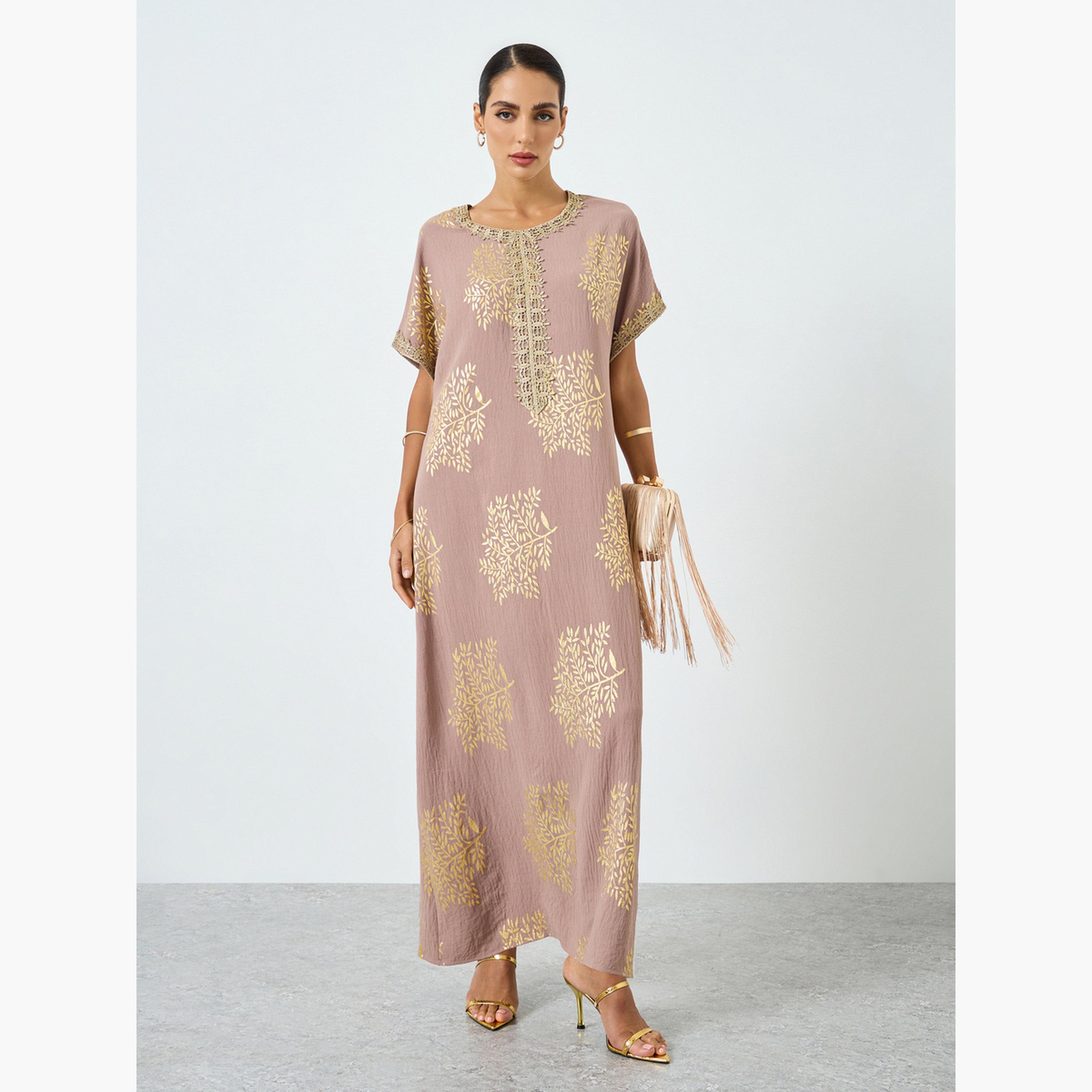 Take Two Women Tree Printed Golden Trim Patch Jalabiya-women-arabicclothing-jalabiyas-image-1