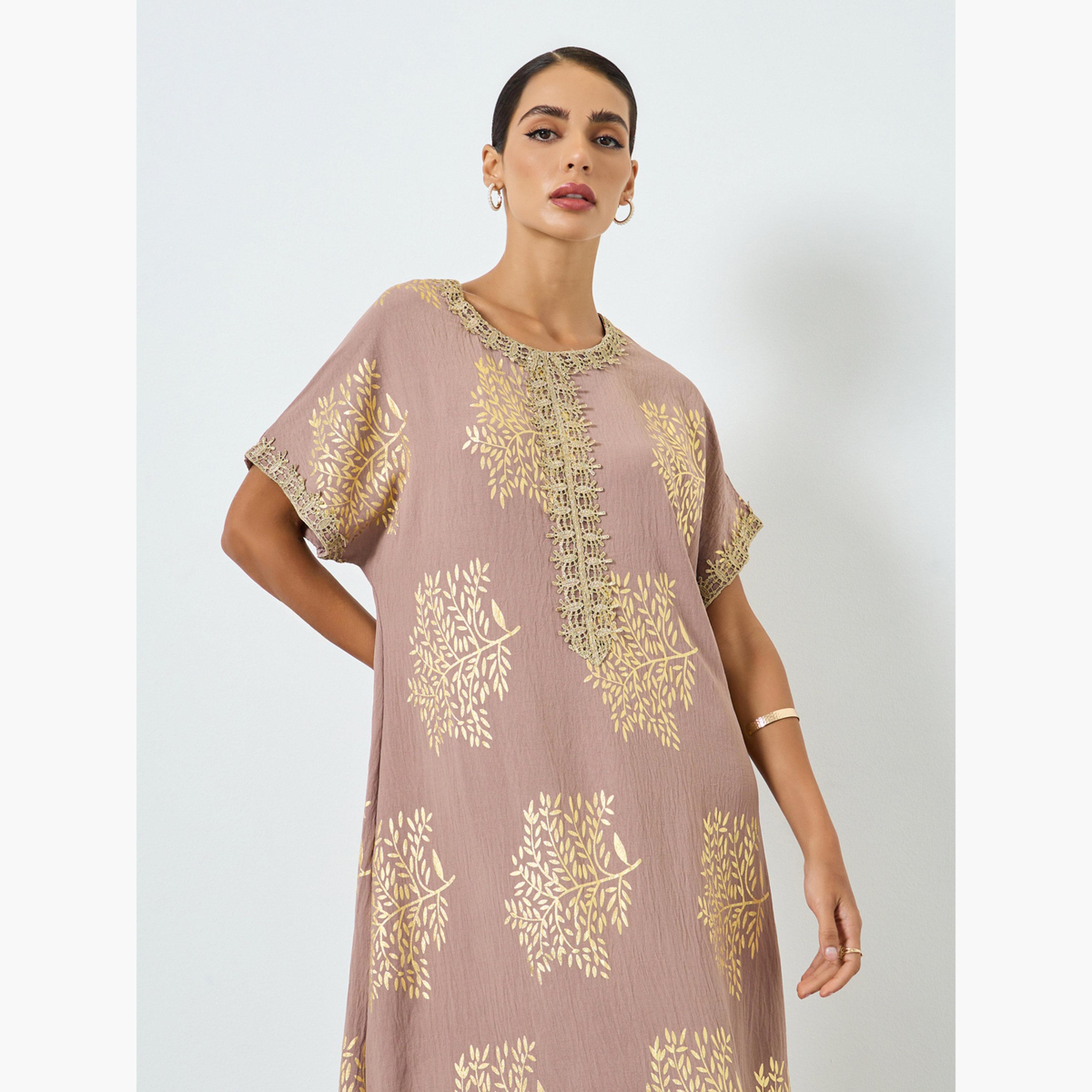 Take Two Women Tree Printed Golden Trim Patch Jalabiya-women-arabicclothing-jalabiyas-image-2