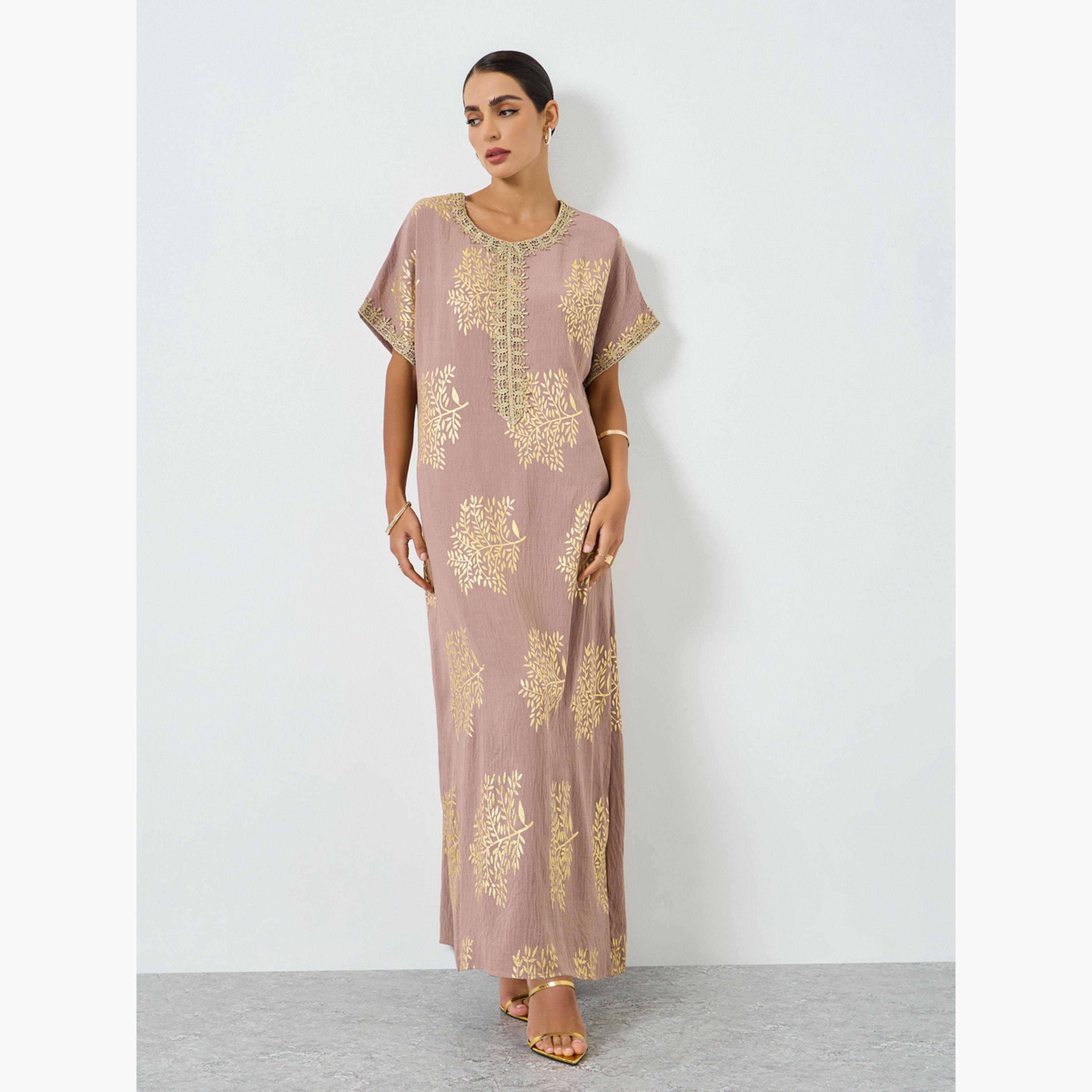 جلابية بطبعة شجر وتفاصيل ذهبية-women-arabicclothing-jalabiyas-image-3