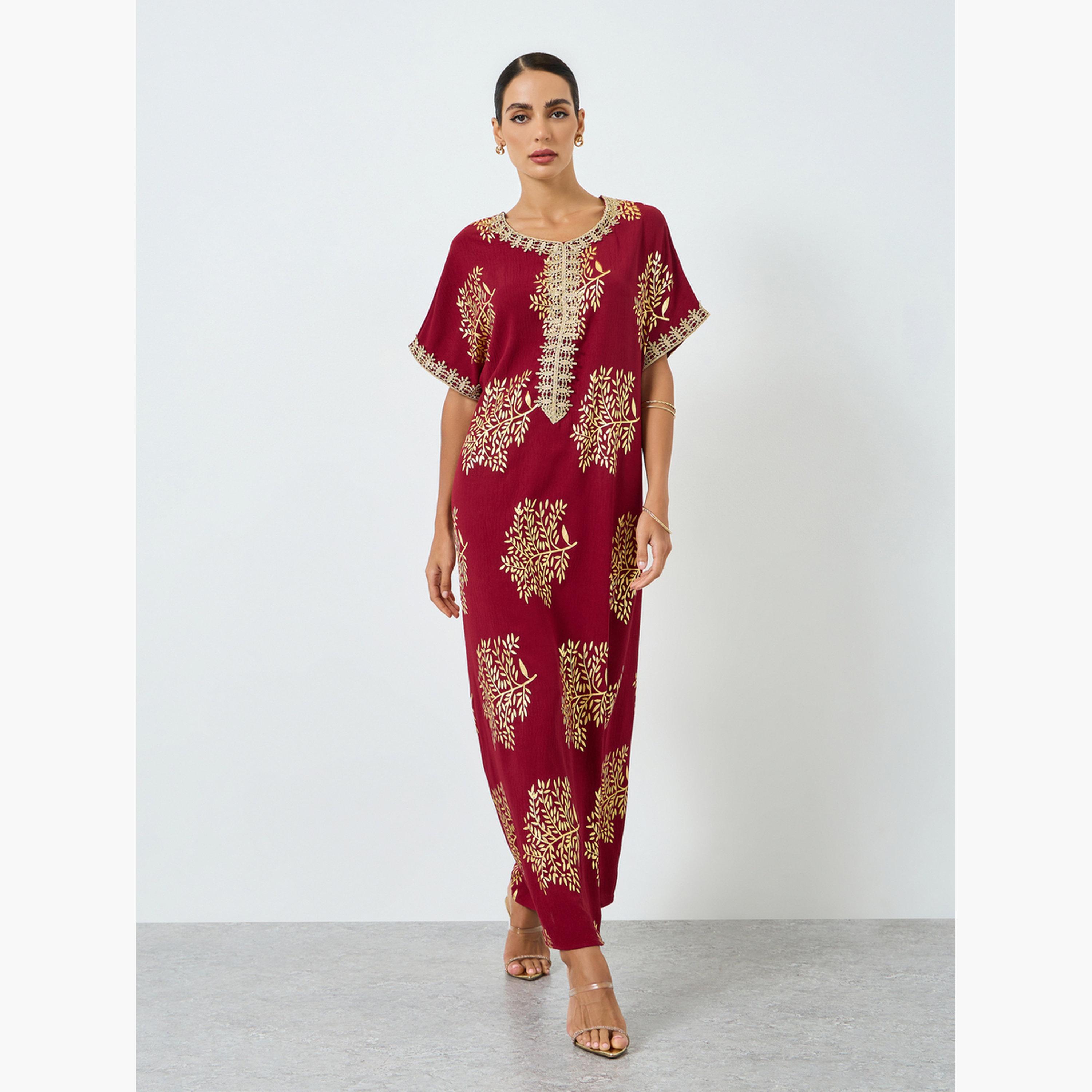 Take Two Women Tree Printed Golden Trim Patch Jalabiya-women-arabicclothing-jalabiyas-image-1
