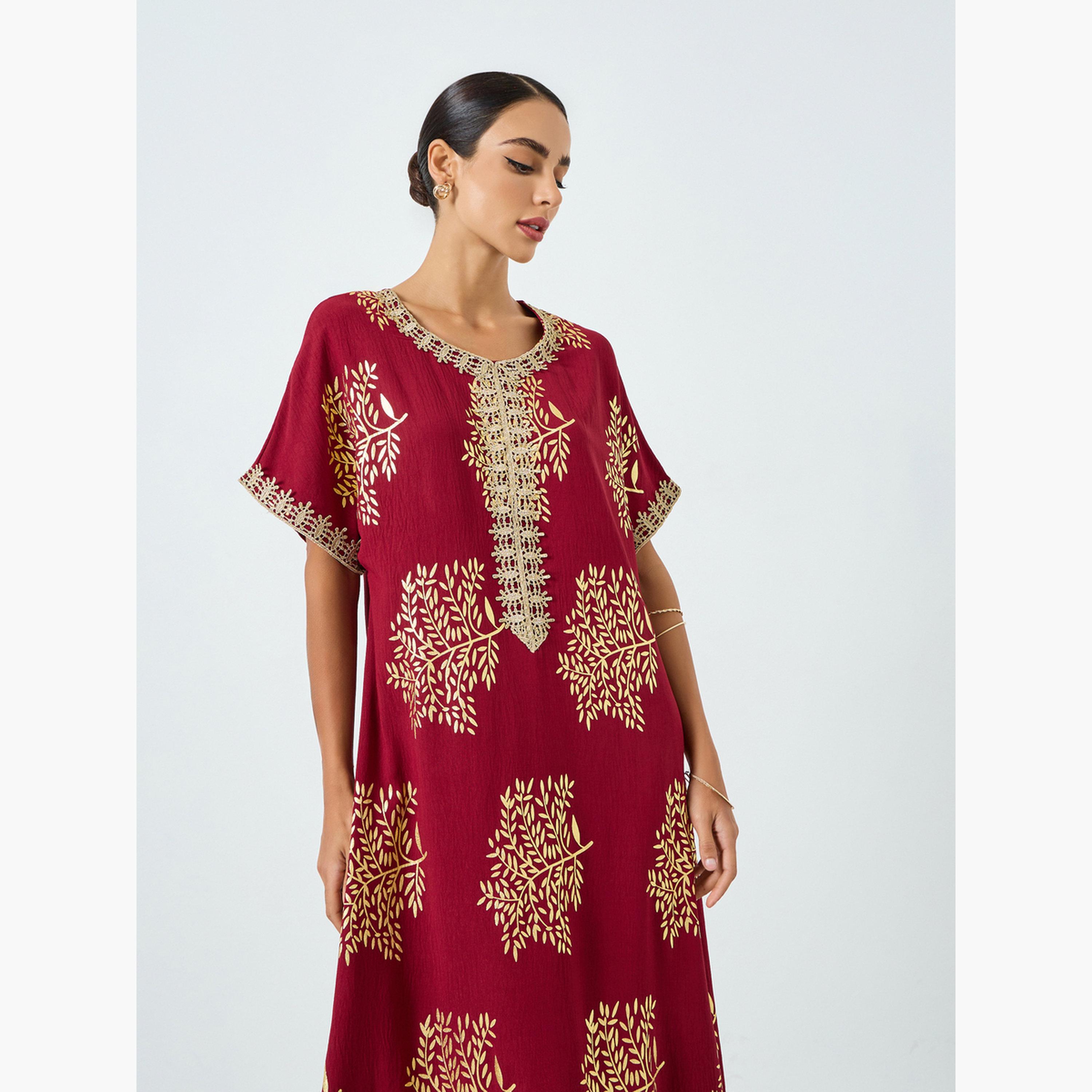 Take Two Women Tree Printed Golden Trim Patch Jalabiya-women-arabicclothing-jalabiyas-image-2