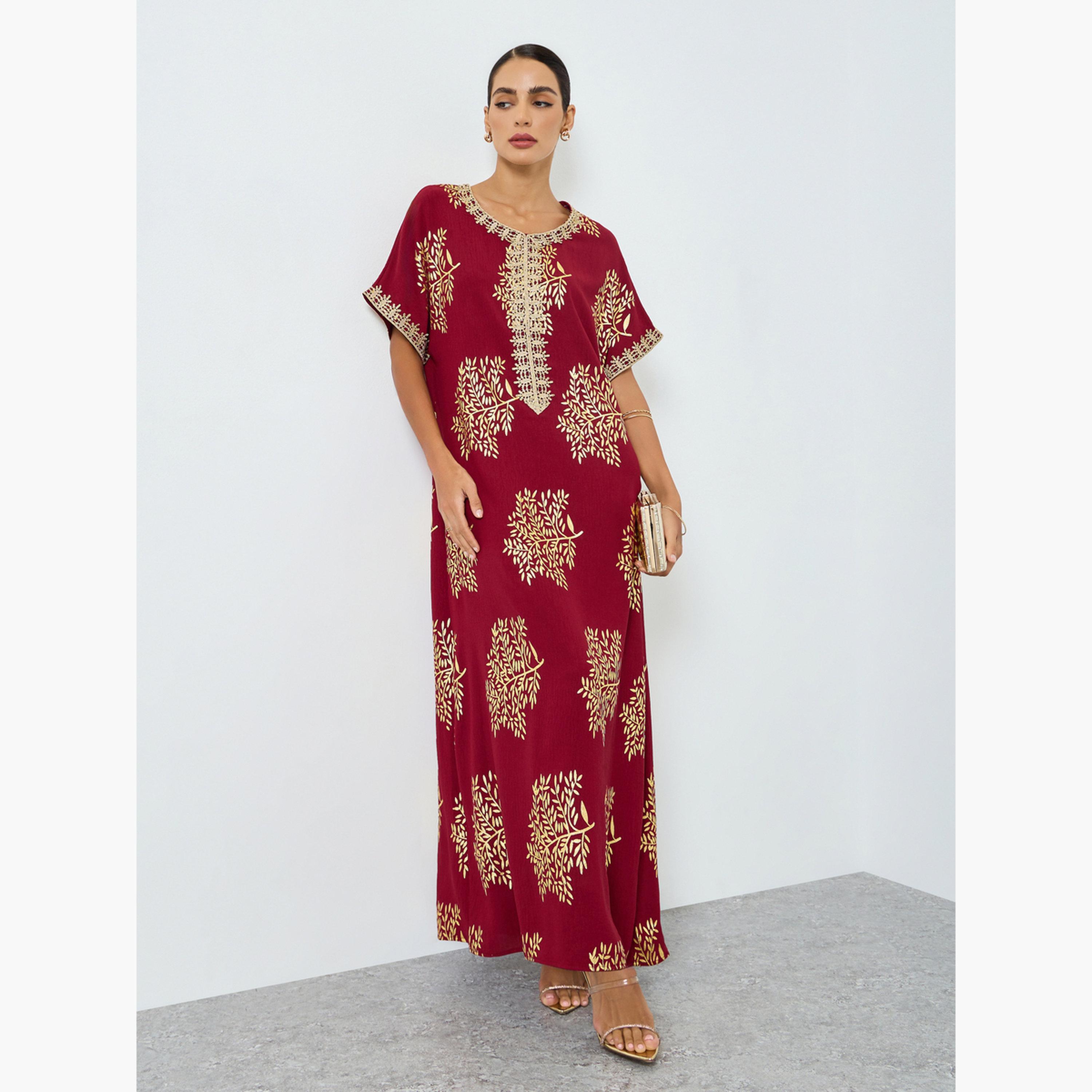 Take Two Women Tree Printed Golden Trim Patch Jalabiya-women-arabicclothing-jalabiyas-image-3