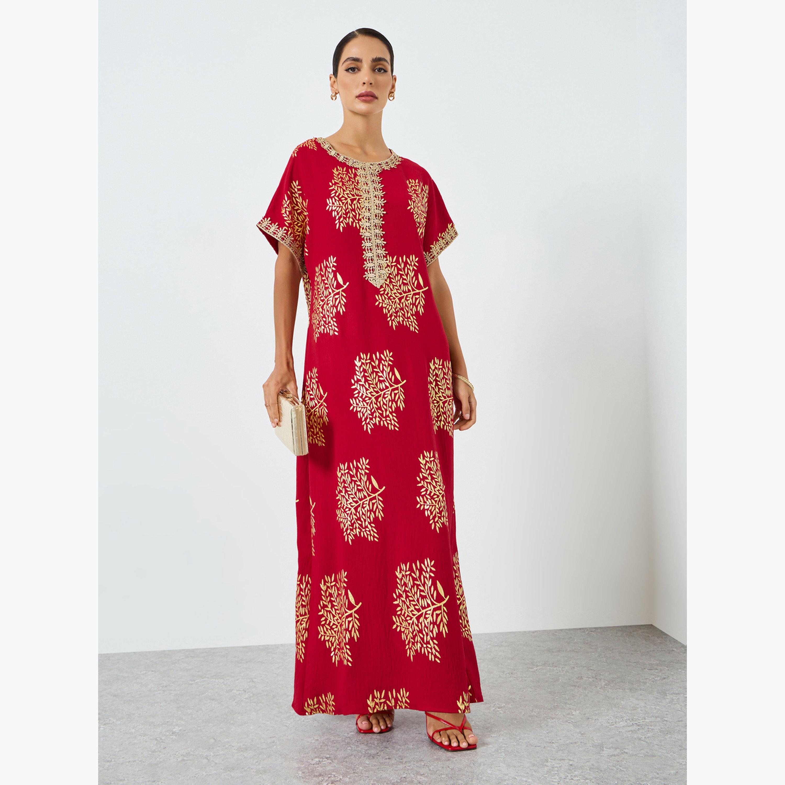 Take Two Women Tree Printed Golden Trim Patch Jalabiya-women-arabicclothing-jalabiyas-image-1