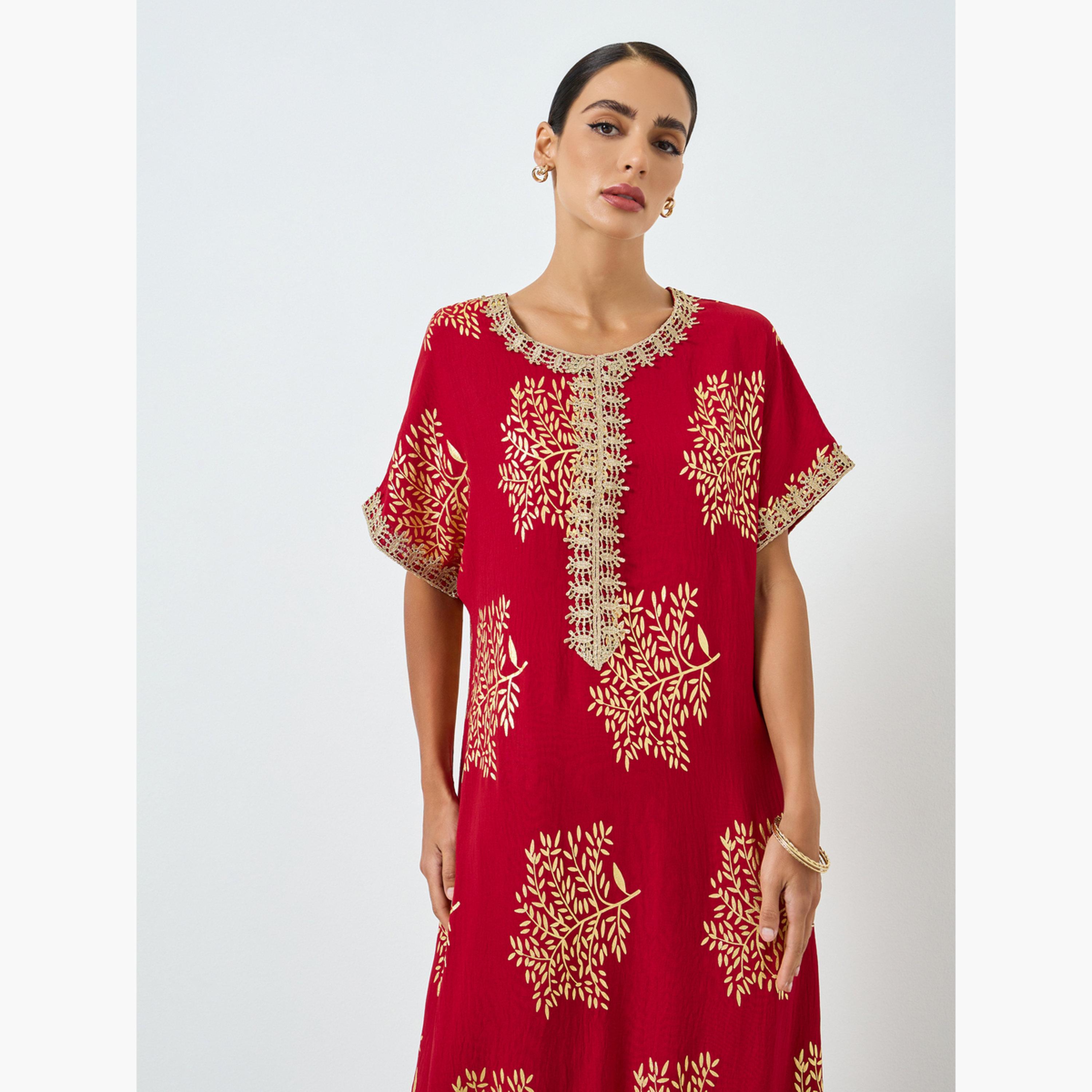جلابية بطبعة شجر وتفاصيل ذهبية-women-arabicclothing-jalabiyas-image-2