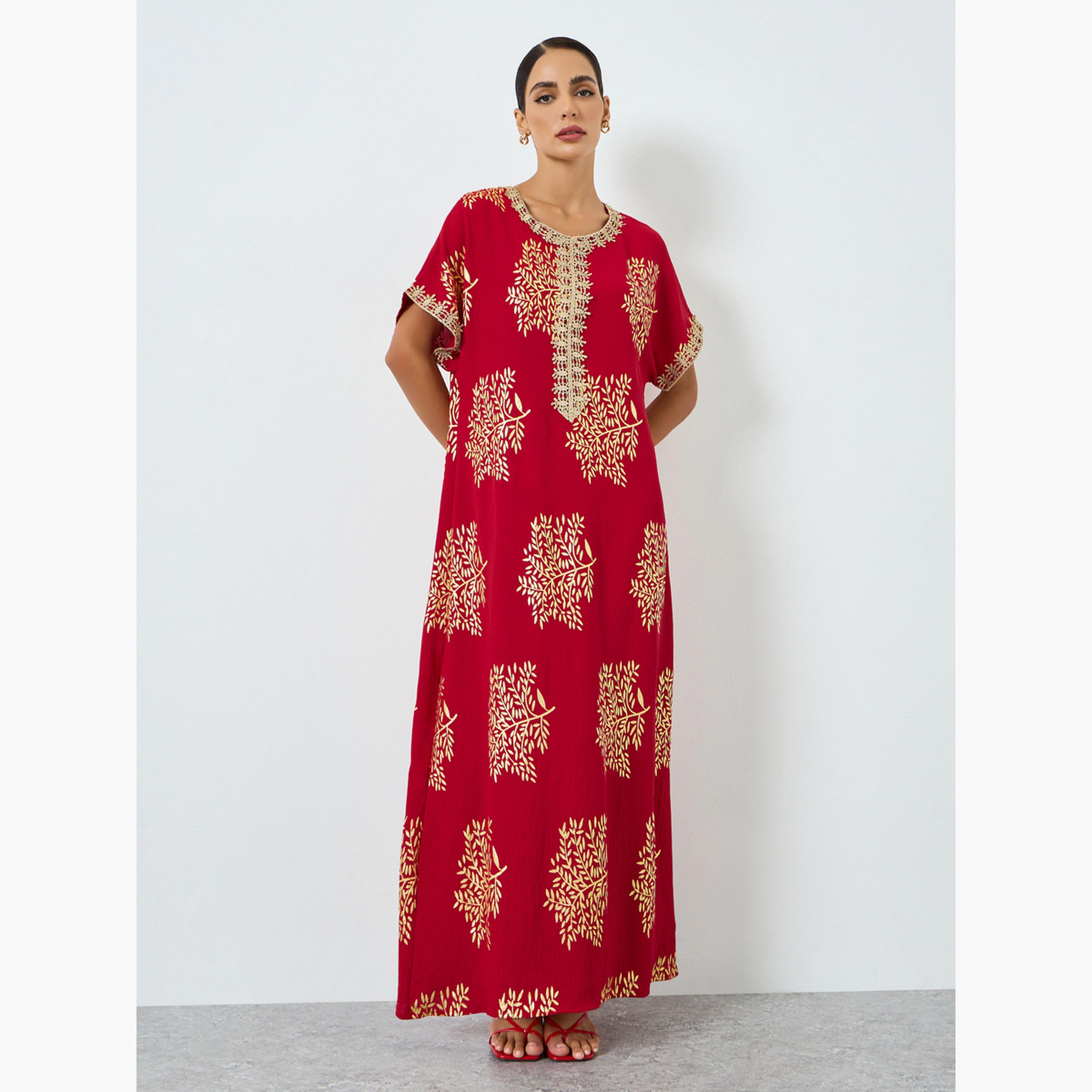 جلابية بطبعة شجر وتفاصيل ذهبية-women-arabicclothing-jalabiyas-image-3