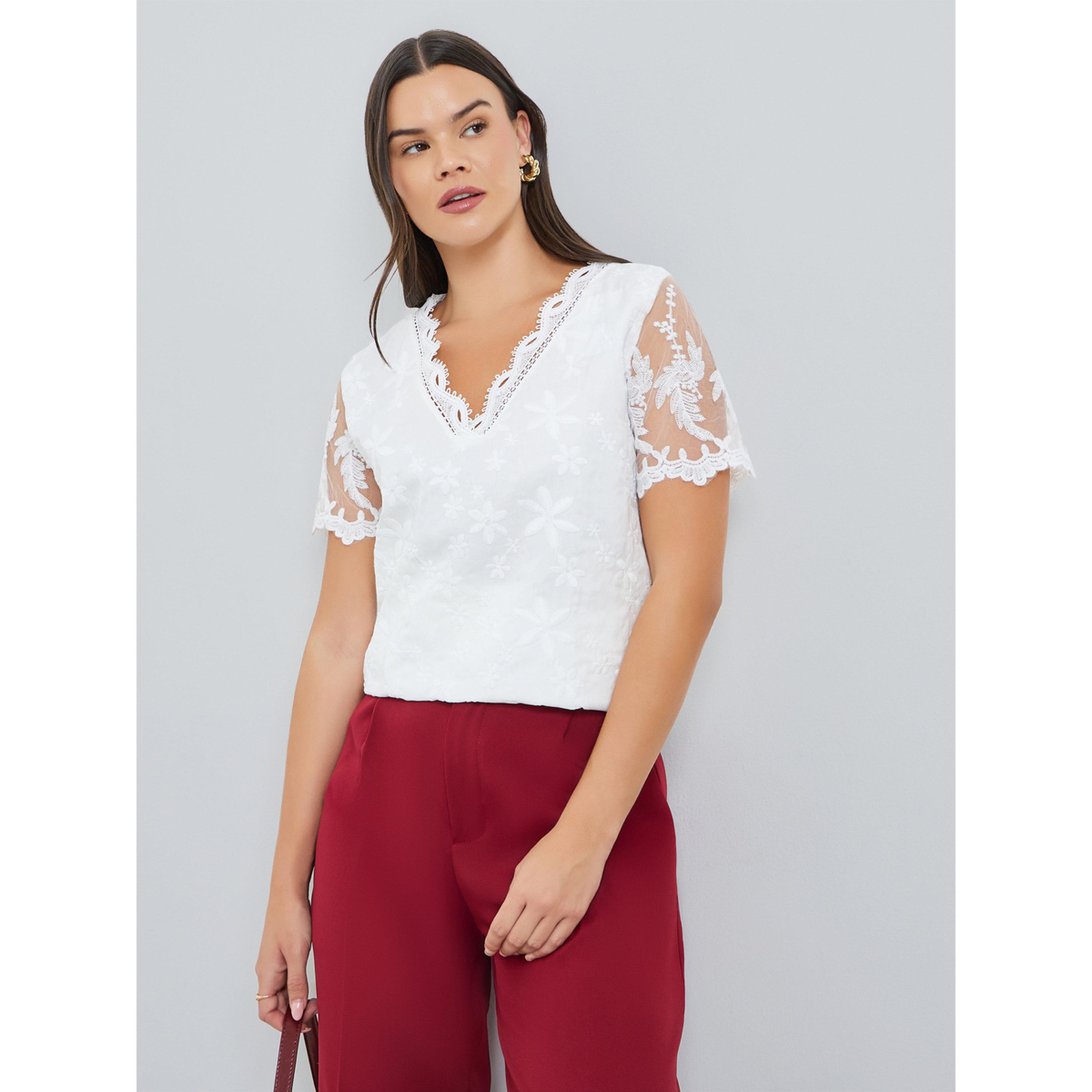 بلوزة بيضاء بأكمام قصيرة من الدانتيل بنقشة زهور-women-clothing-shirtsandblouses-blouses-image-3
