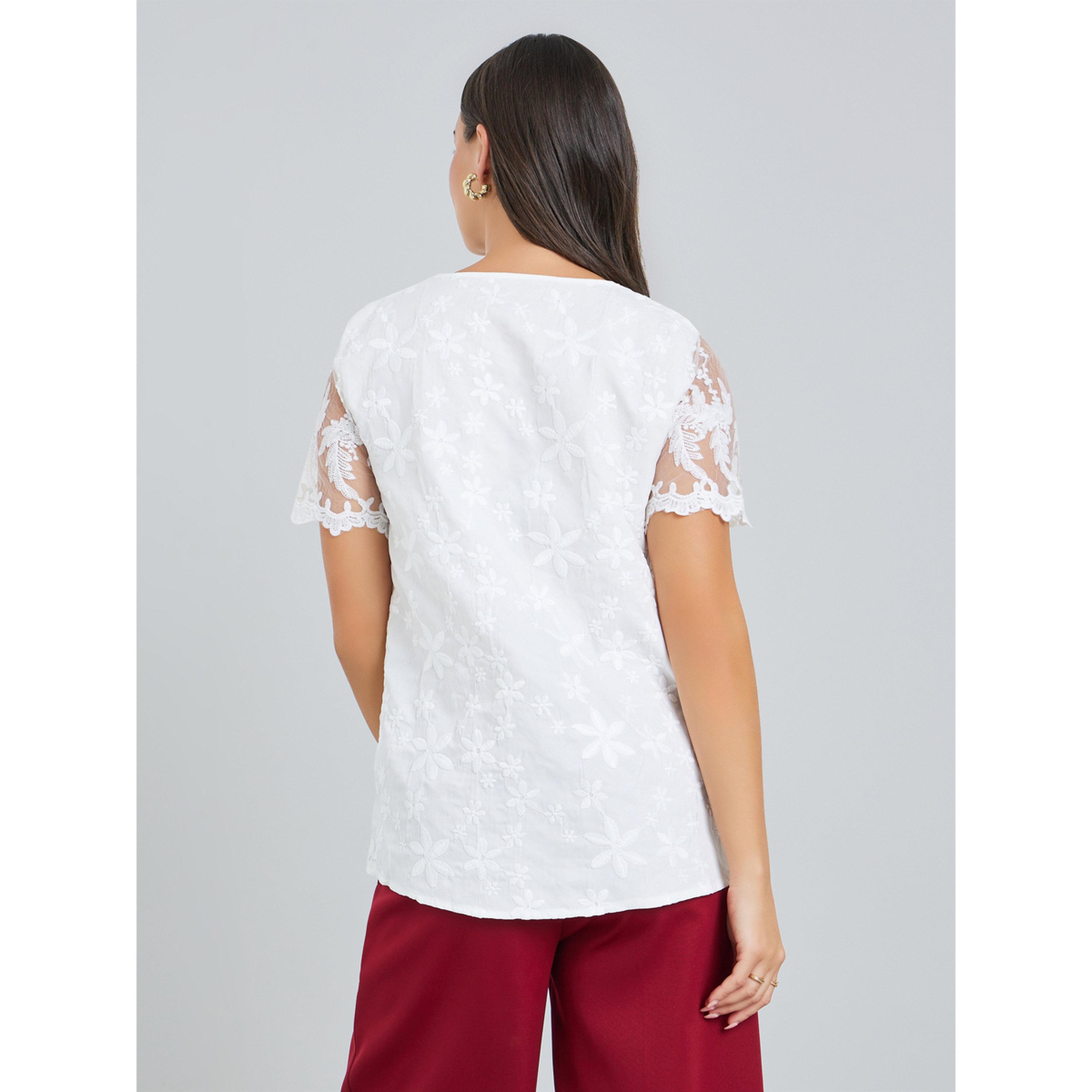 بلوزة بيضاء بأكمام قصيرة من الدانتيل بنقشة زهور-women-clothing-shirtsandblouses-blouses-image-5