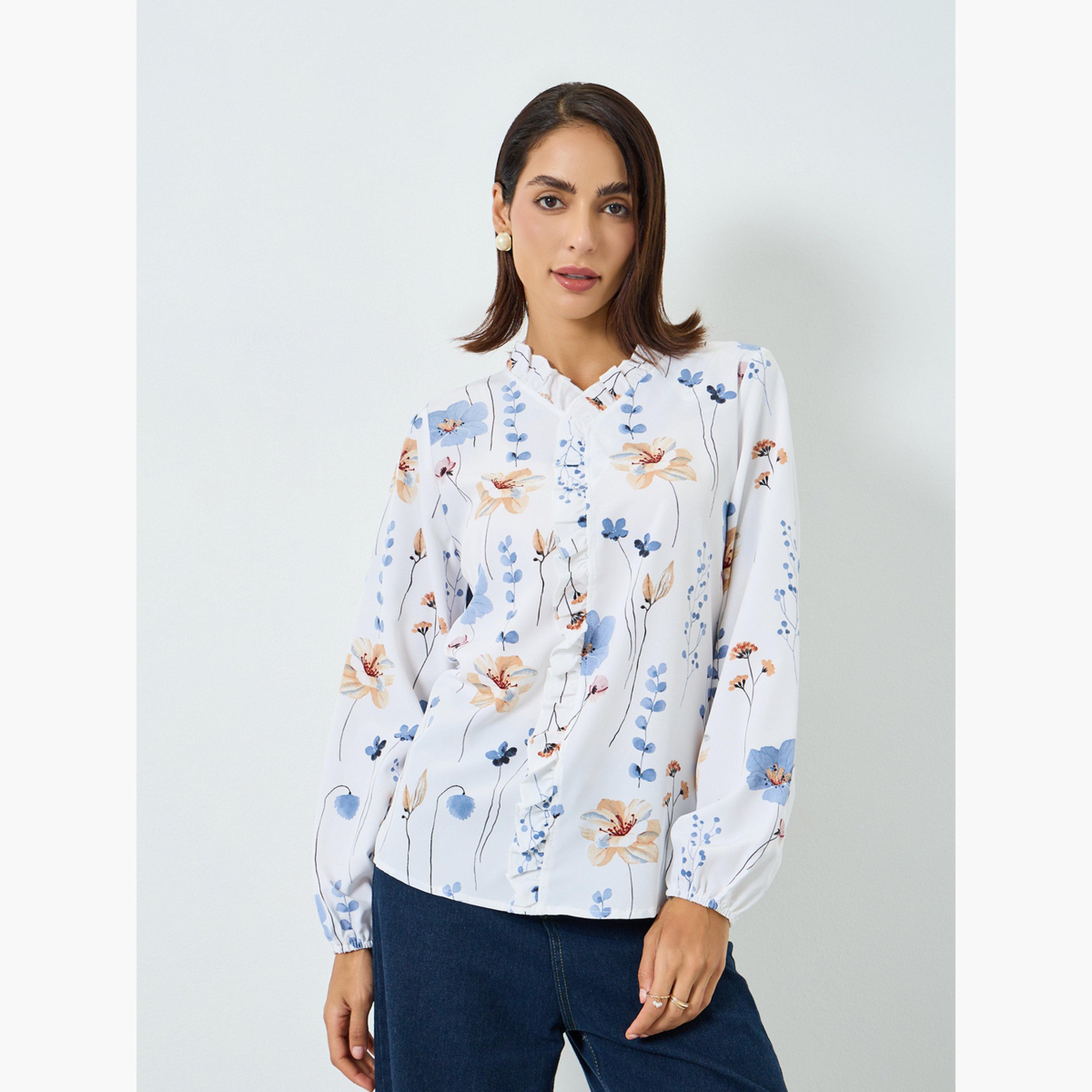بلوزةة بطبعة زهور وتفاصيل كشكش-women-clothing-shirtsandblouses-blouses-image-1