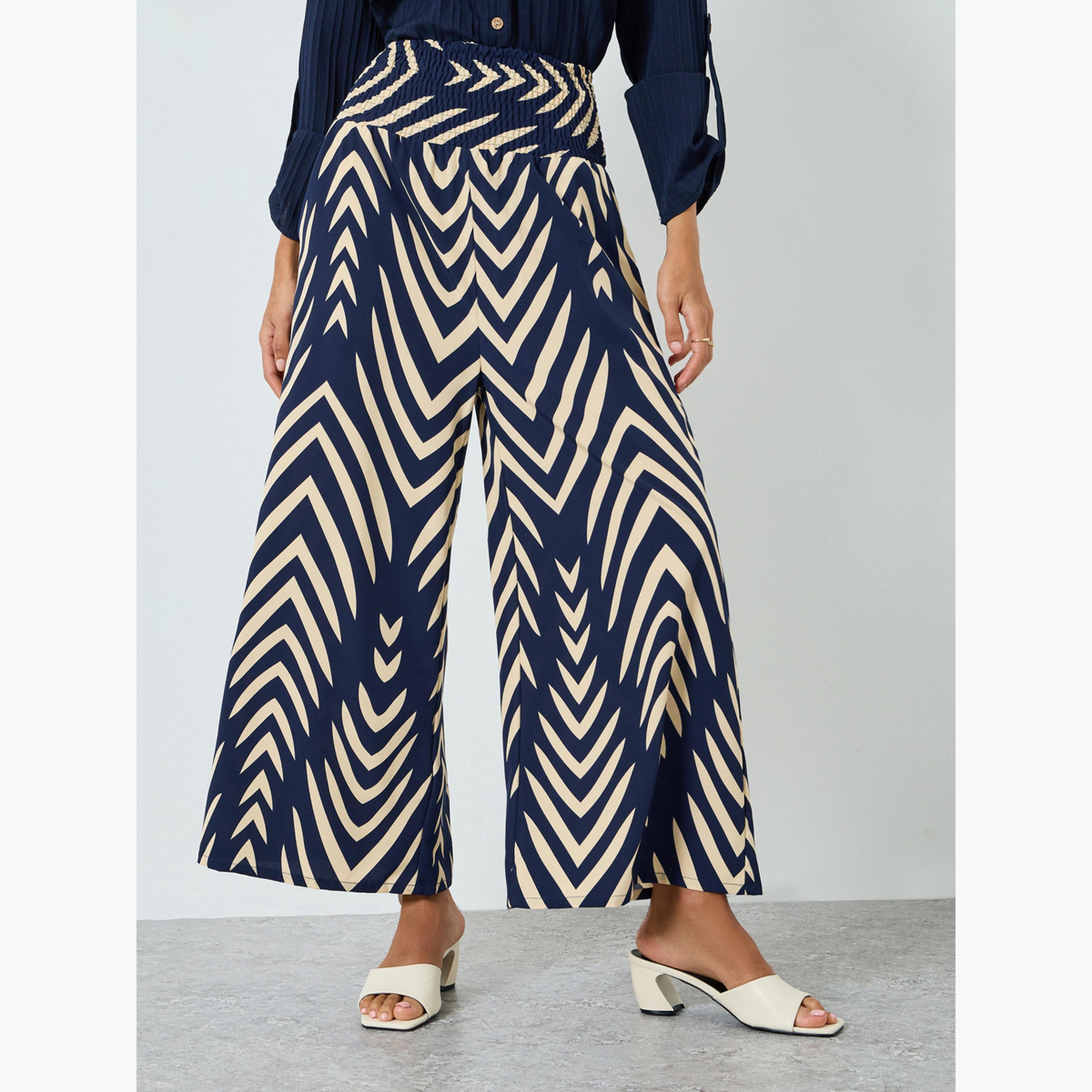 بنطال بأرجل واسعة وخصر عالي مرن ومقلم-women-clothing-bottoms-trousers-image-1
