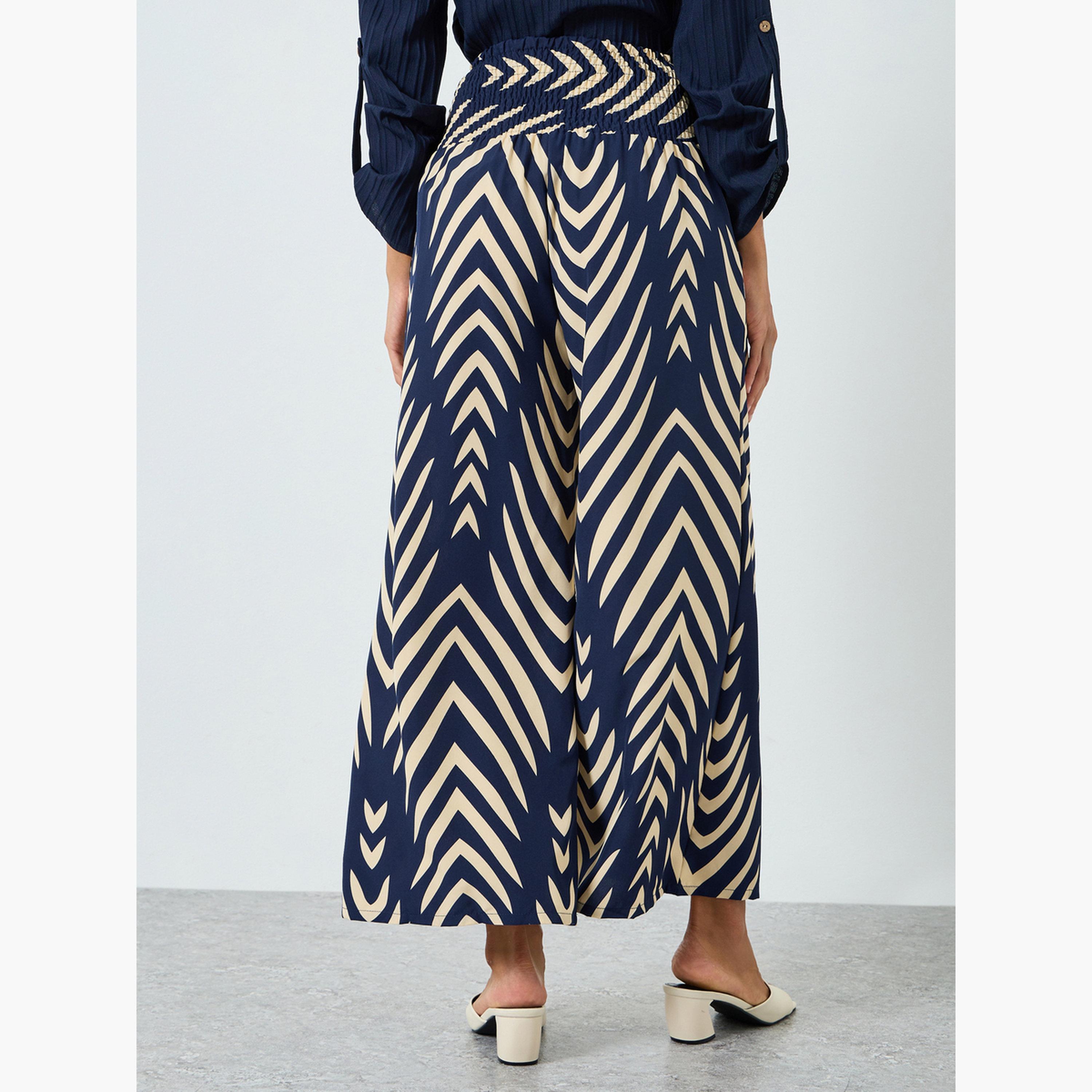 بنطال بأرجل واسعة وخصر عالي مرن ومقلم-women-clothing-bottoms-trousers-image-4