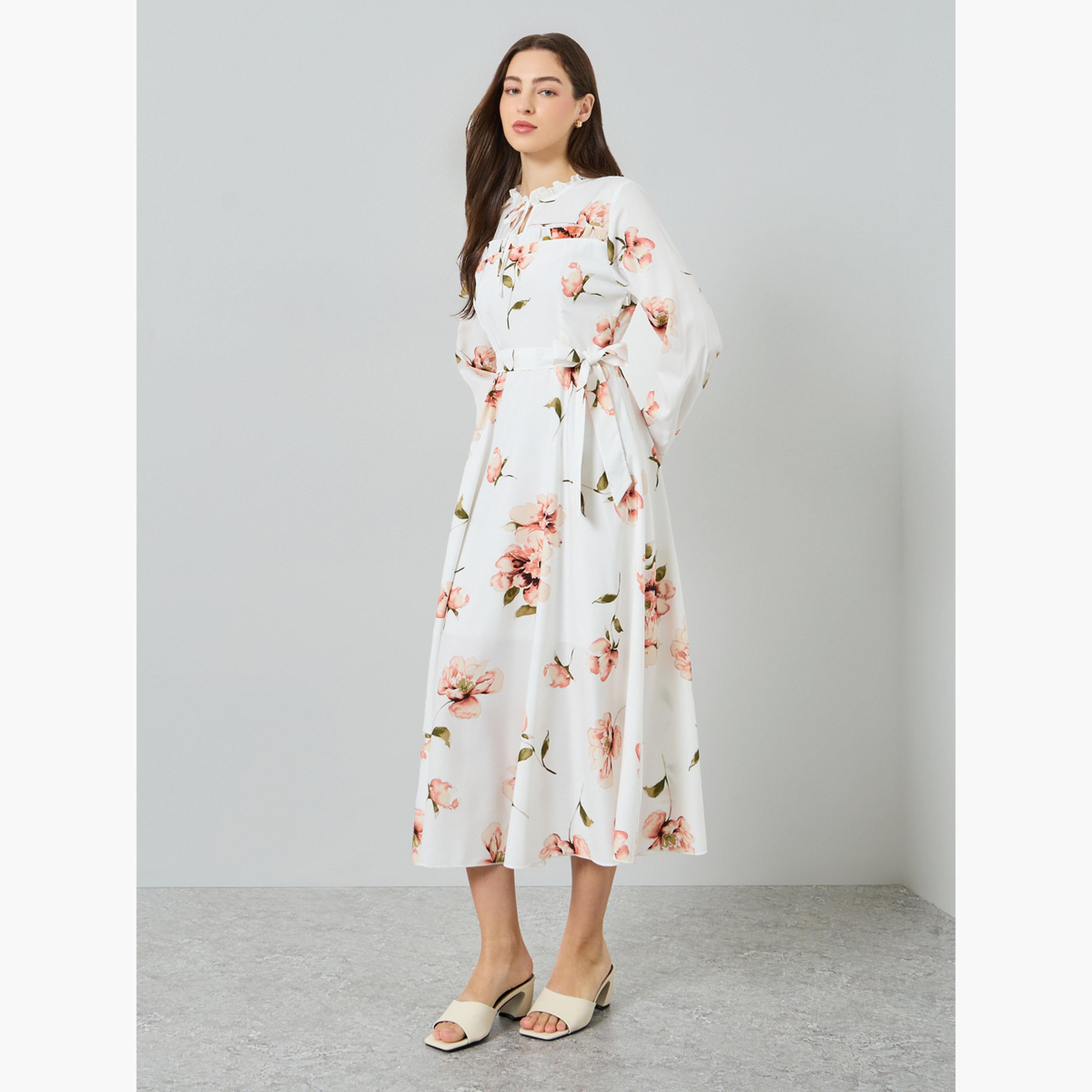 Take Two Women Floral Printed Belted Long Sleeve Maxi Dress-women-clothing-dresses-image-1