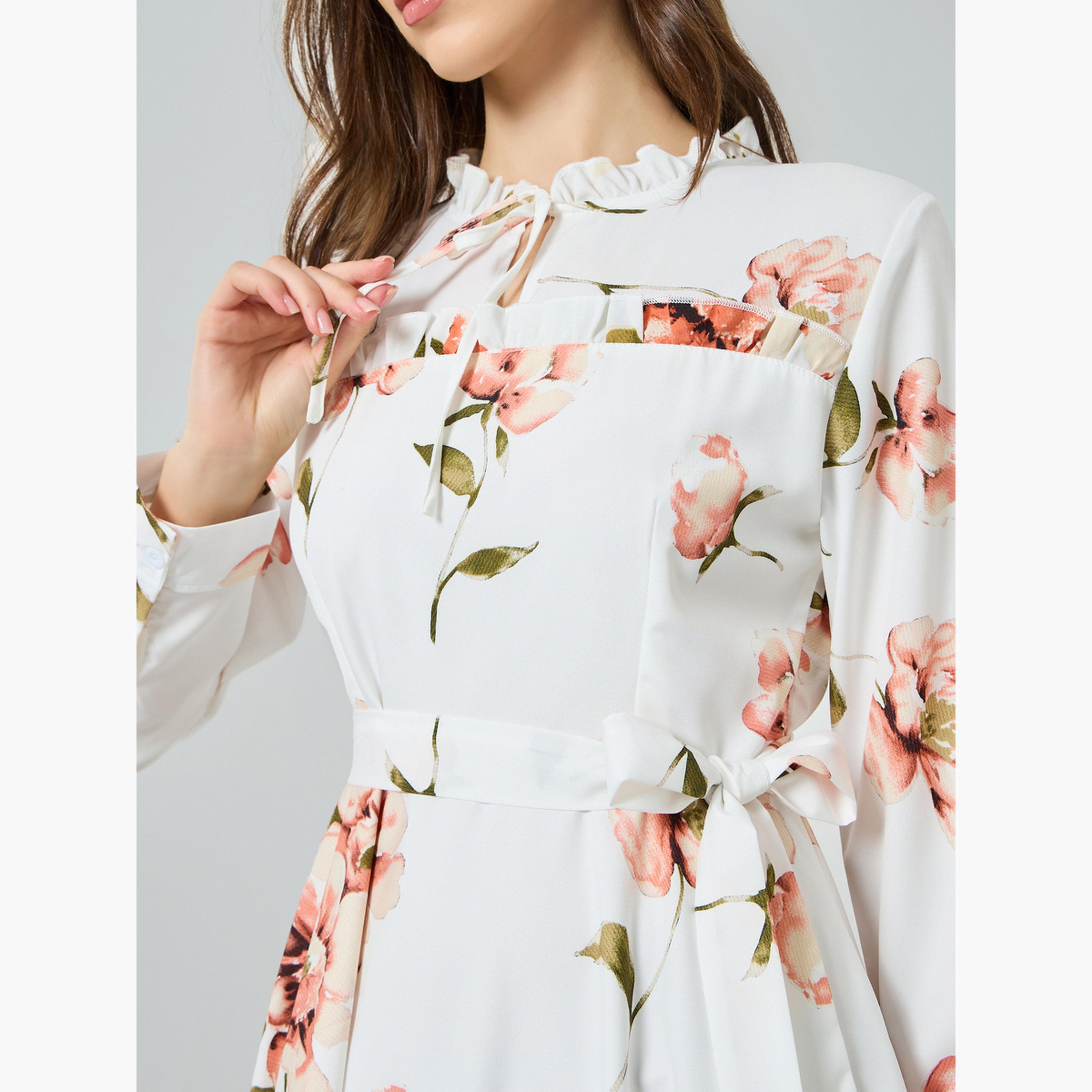 فستان طويل بأكمام طويلة ونقشة زهور مع حزام للنساء-women-clothing-dresses-image-4
