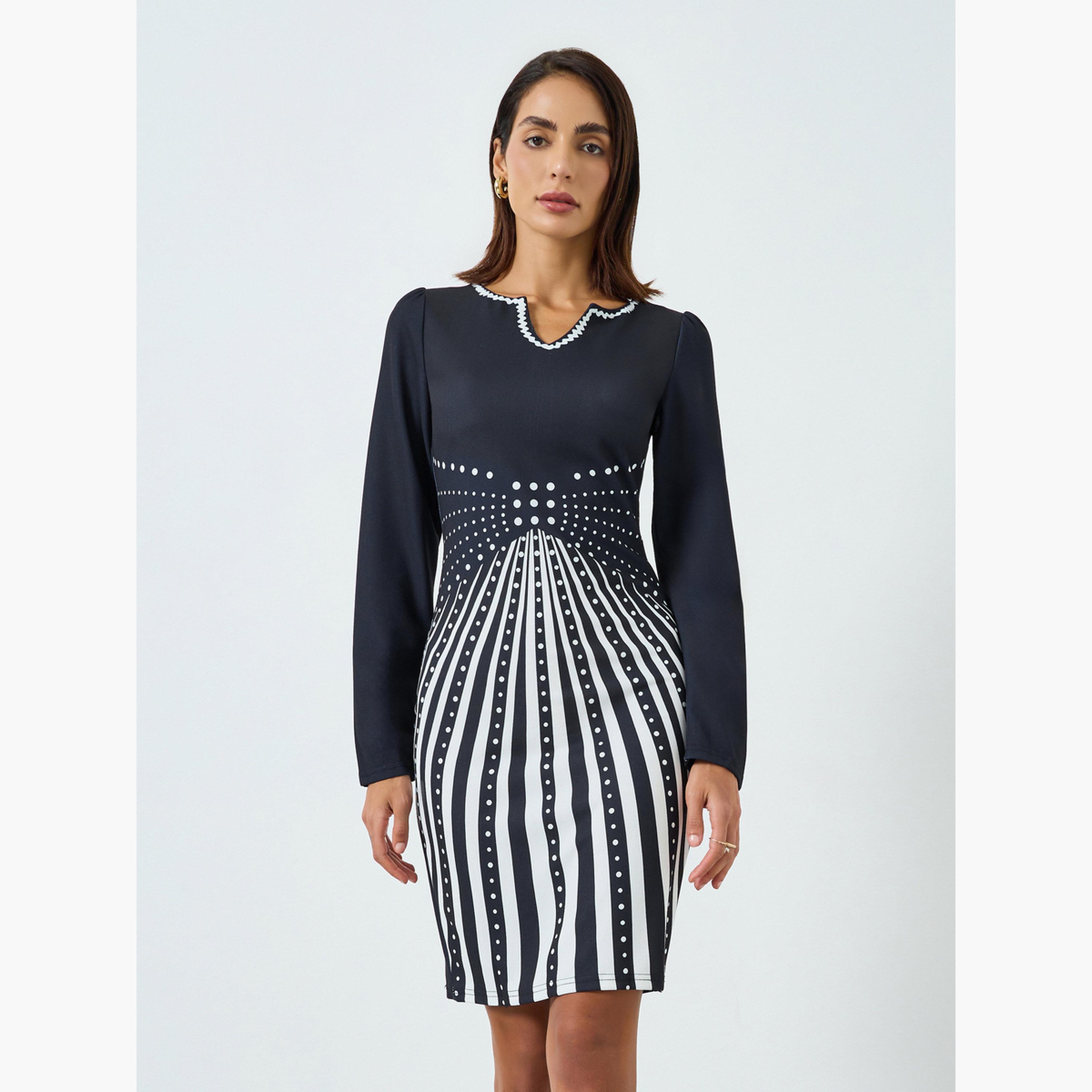 فستان ميدي ضيق بطبعة جرافيك أبيض وأسود-women-clothing-dresses-image-1