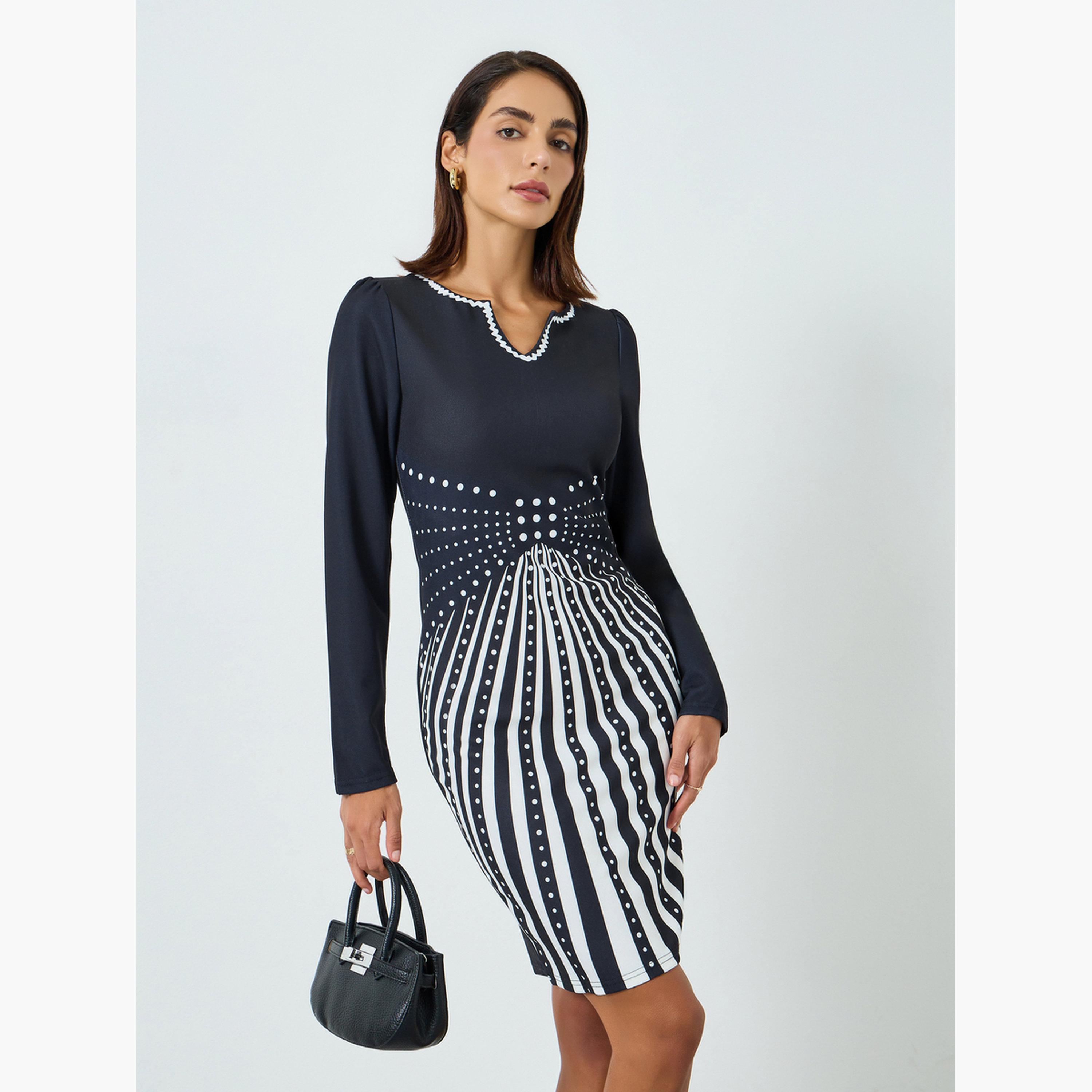فستان ميدي ضيق بطبعة جرافيك أبيض وأسود-women-clothing-dresses-image-3