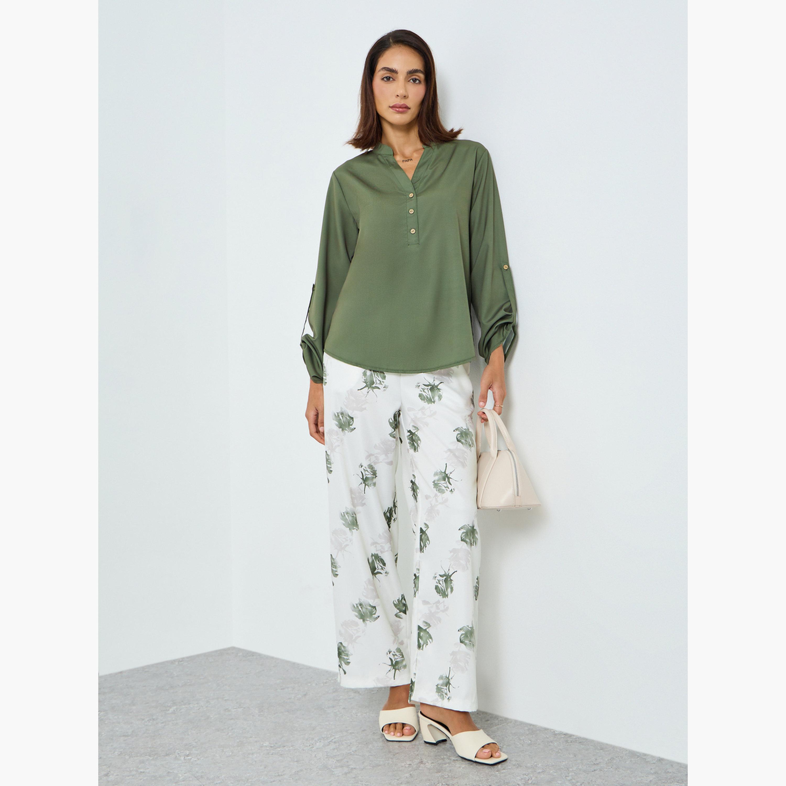 طقم بلوزة بأكمام قابلة للطي وبنطلون مطبوع بزهور-women-clothing-coordsets-image-1