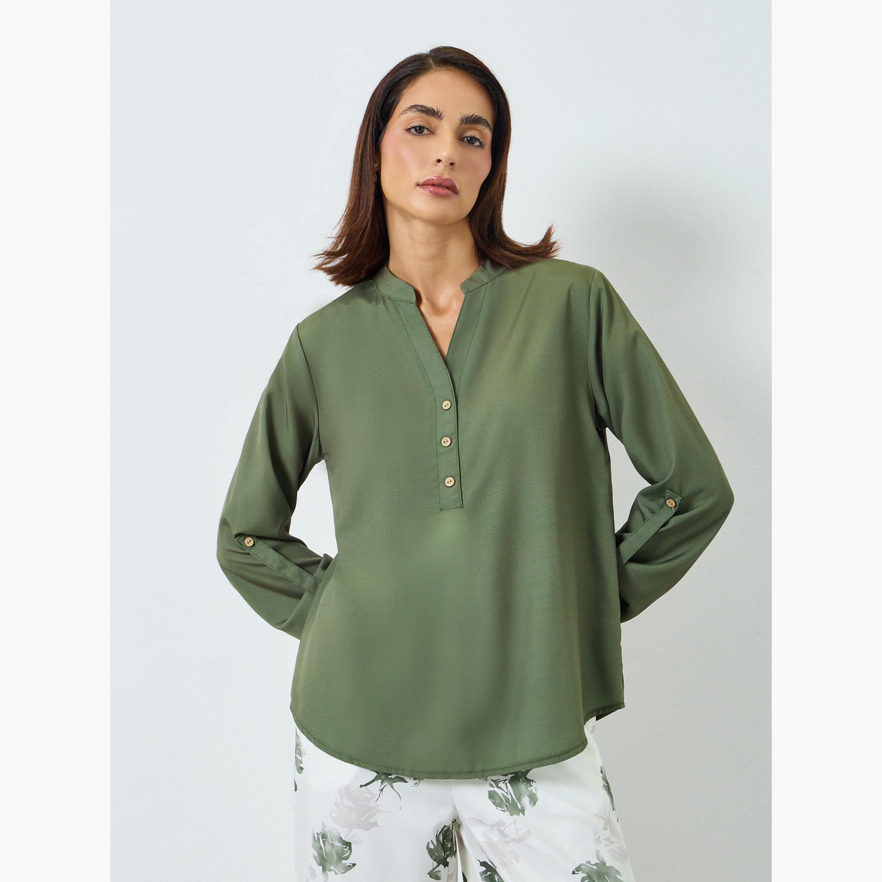 طقم بلوزة بأكمام قابلة للطي وبنطلون مطبوع بزهور-women-clothing-coordsets-image-2