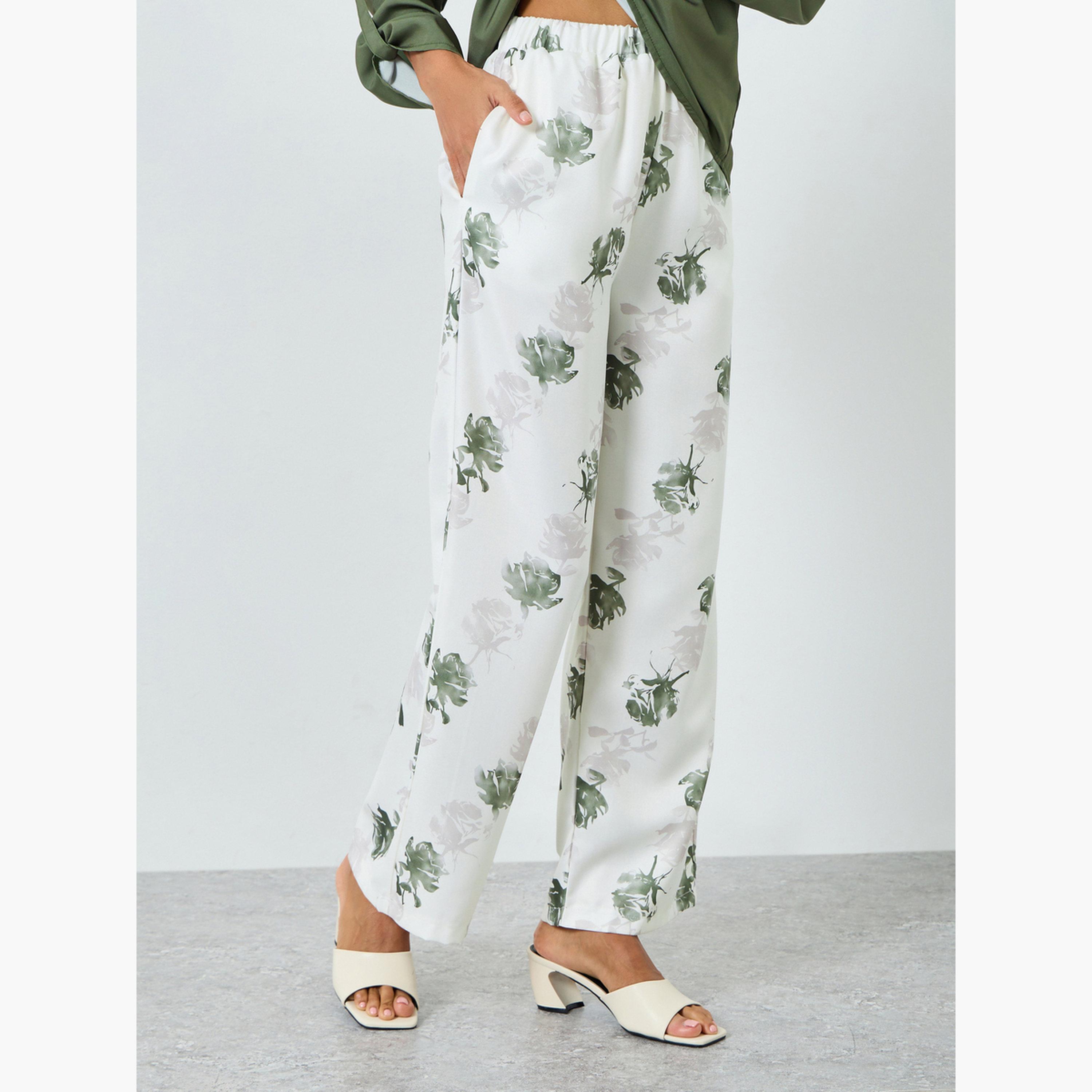 طقم بلوزة بأكمام قابلة للطي وبنطلون مطبوع بزهور-women-clothing-coordsets-image-4
