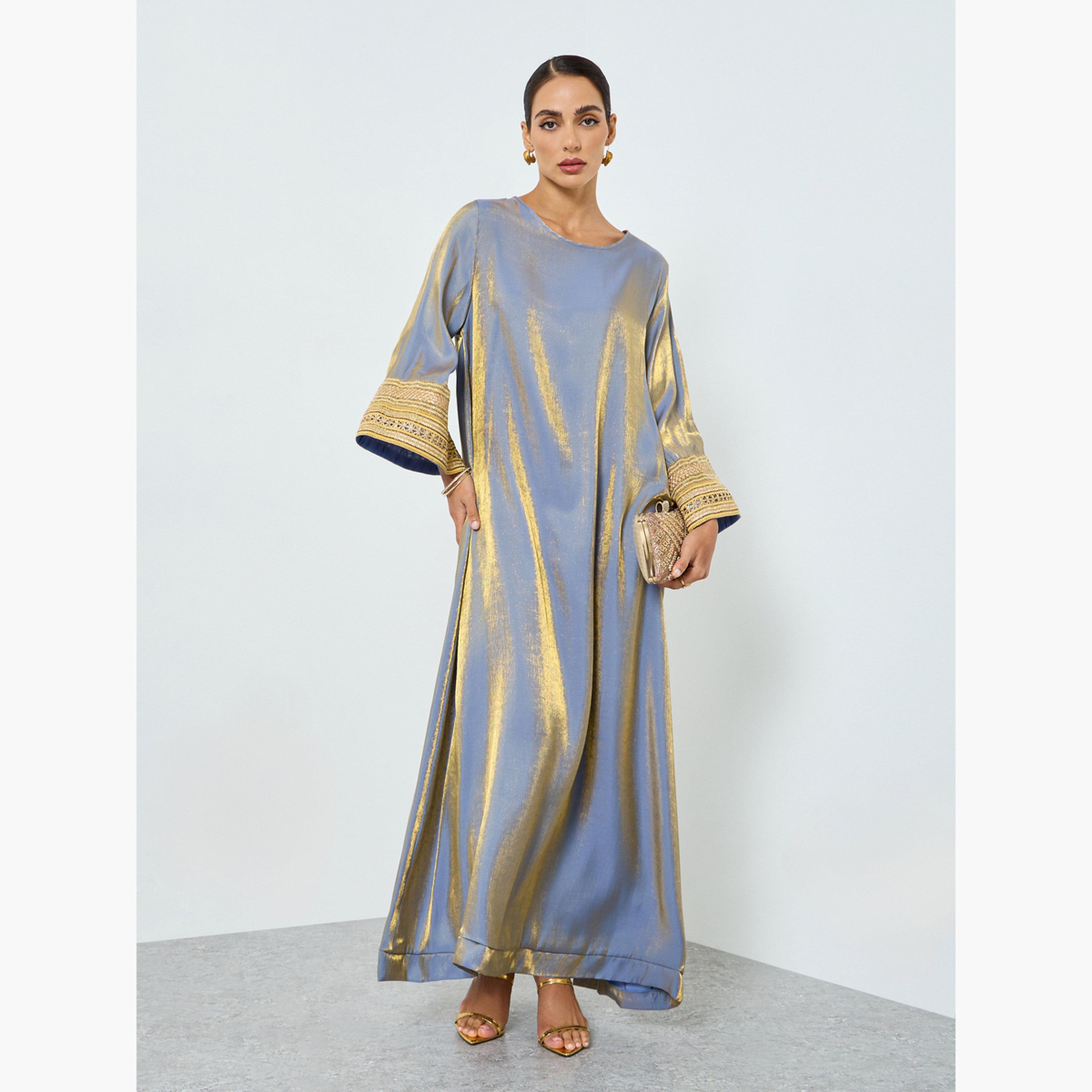 جلابية بأكمام طويلة متباينة وتفاصيل دانتيل-women-arabicclothing-jalabiyas-image-1
