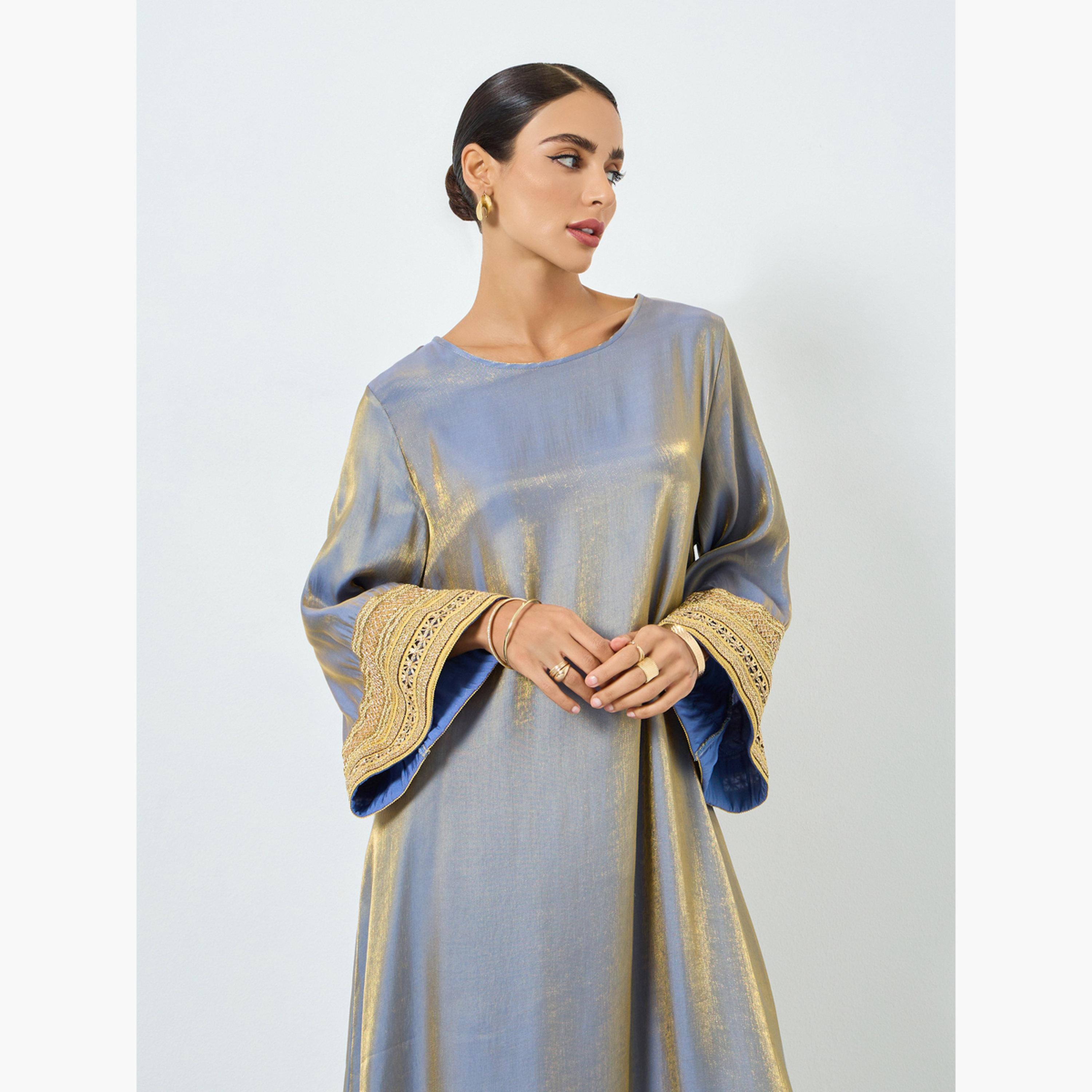 جلابية بأكمام طويلة متباينة وتفاصيل دانتيل-women-arabicclothing-jalabiyas-image-2