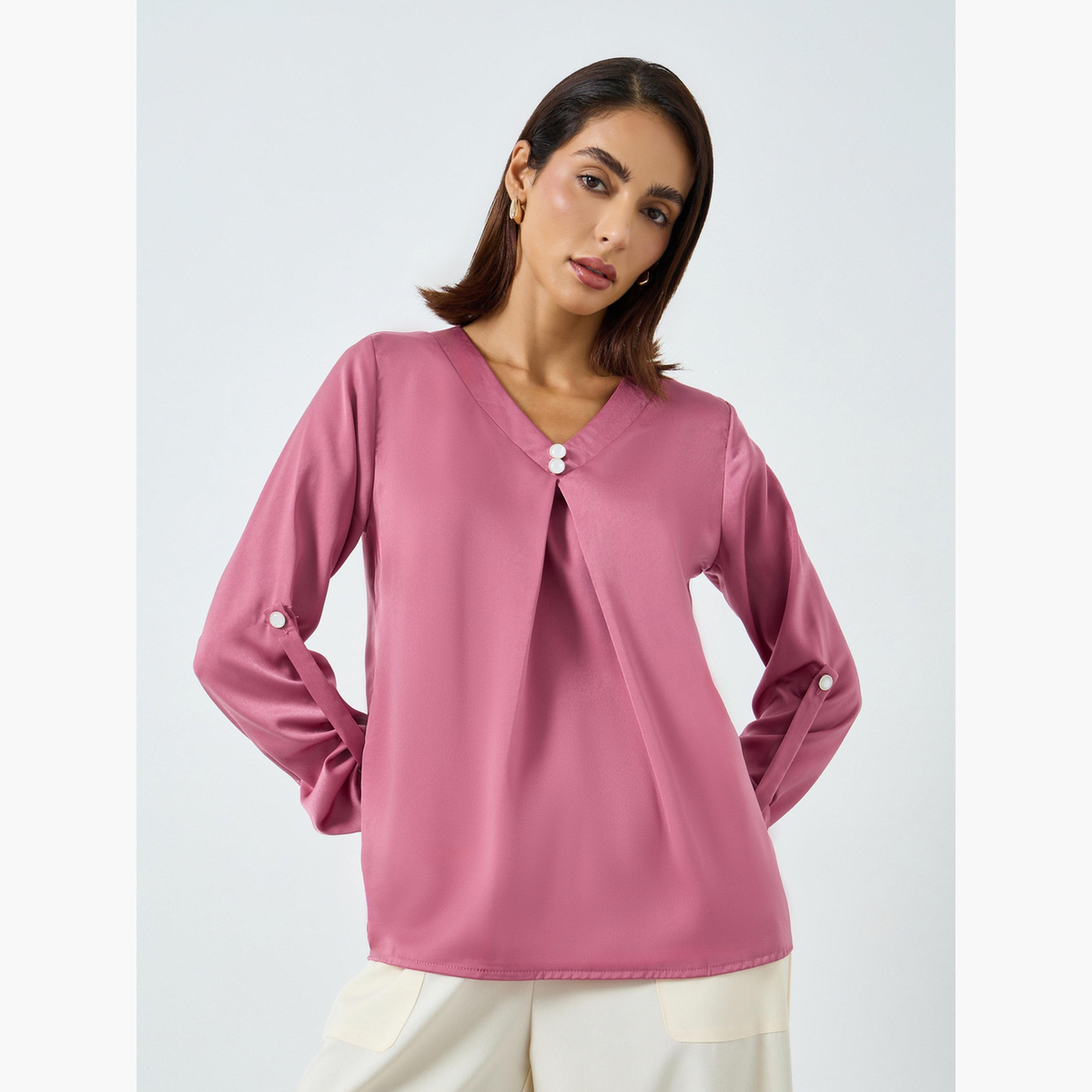 Take Two Women Solid V-Neck Faux Pearl Detail Top-women-clothing-shirtsandblouses-blouses-image-1