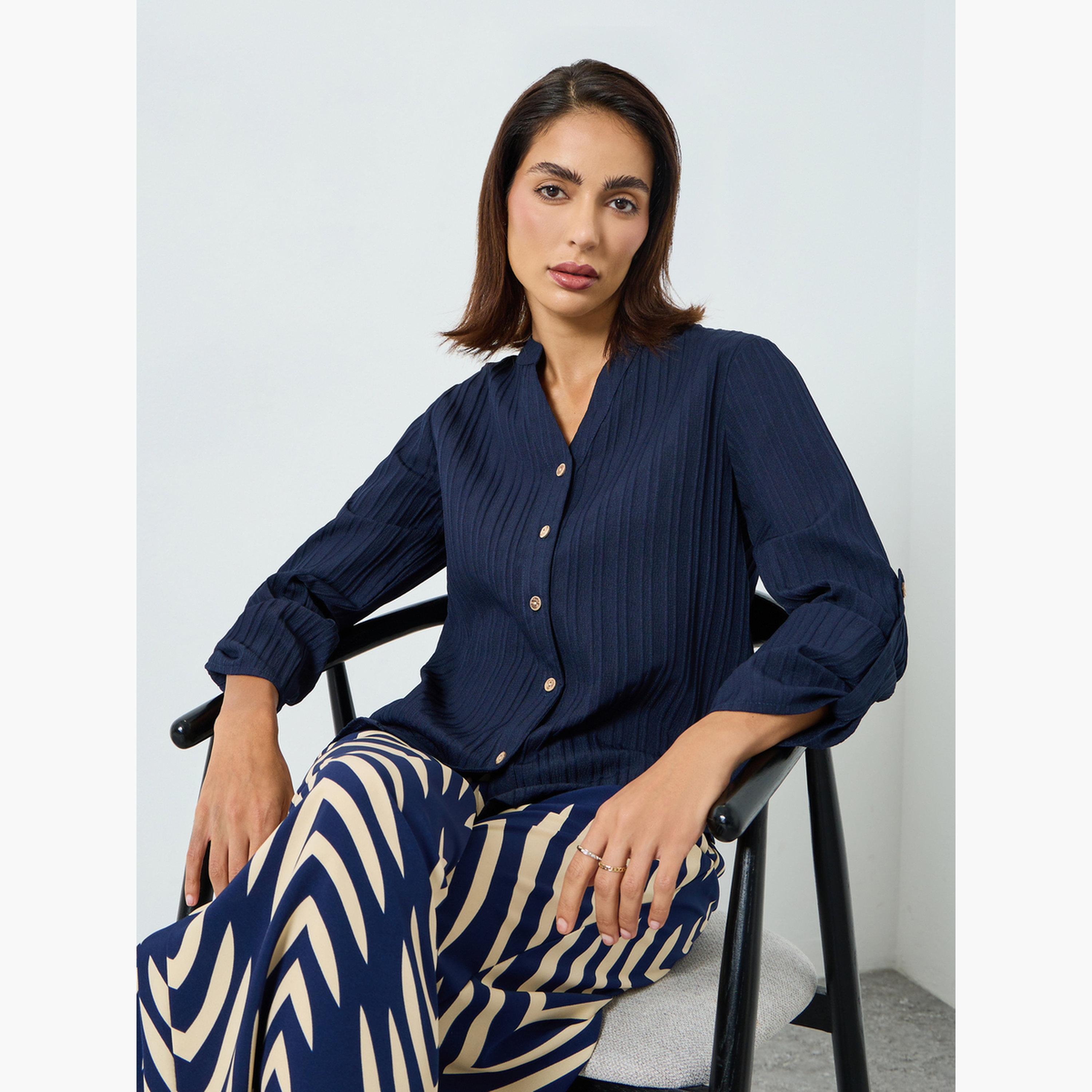 Take Two Women Textured Button Front Roll Up Sleeve Top-women-clothing-shirtsandblouses-blouses-image-3