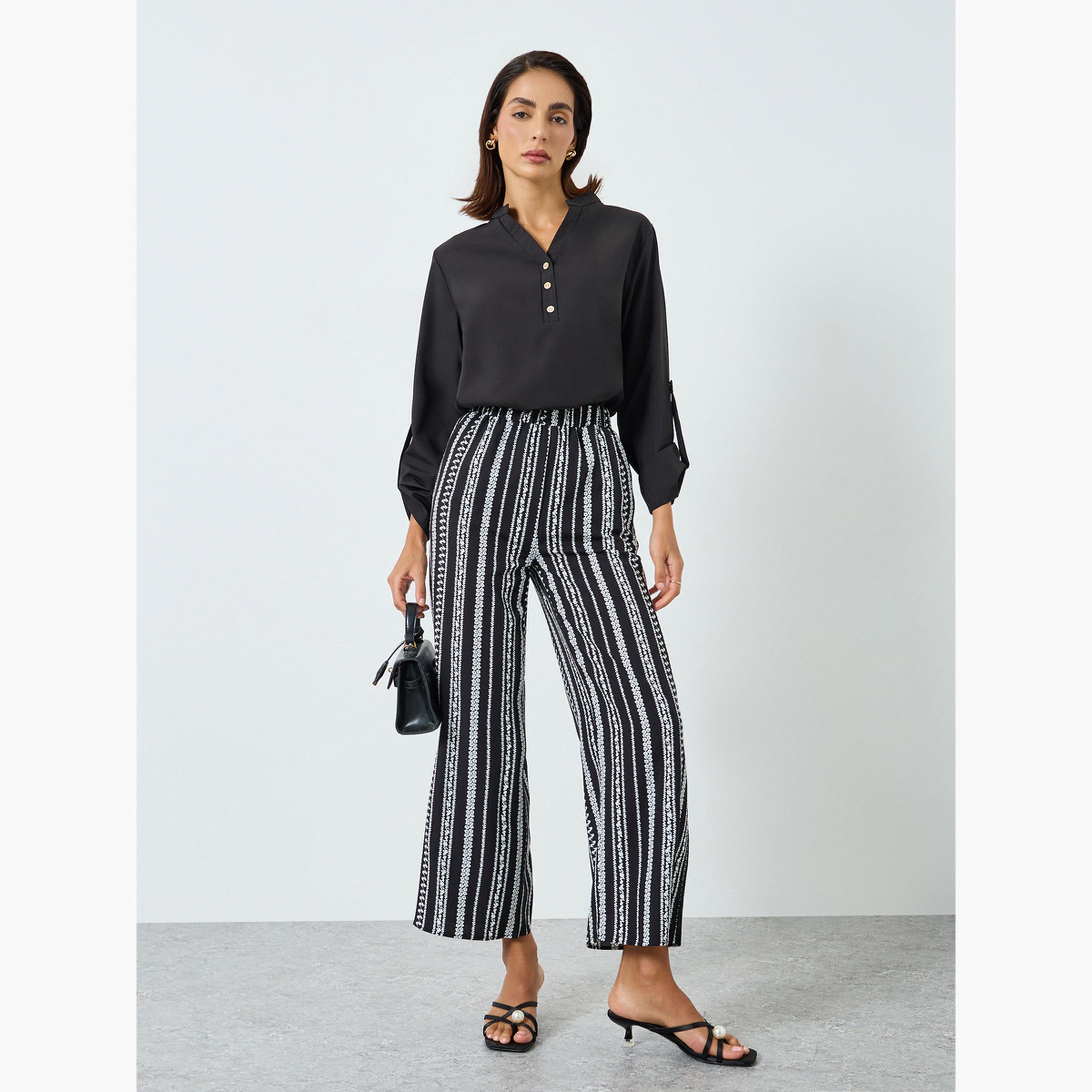 Take Two Women Black Solid Top and Striped Pants Co-Ords-women-clothing-coordsets-image-1