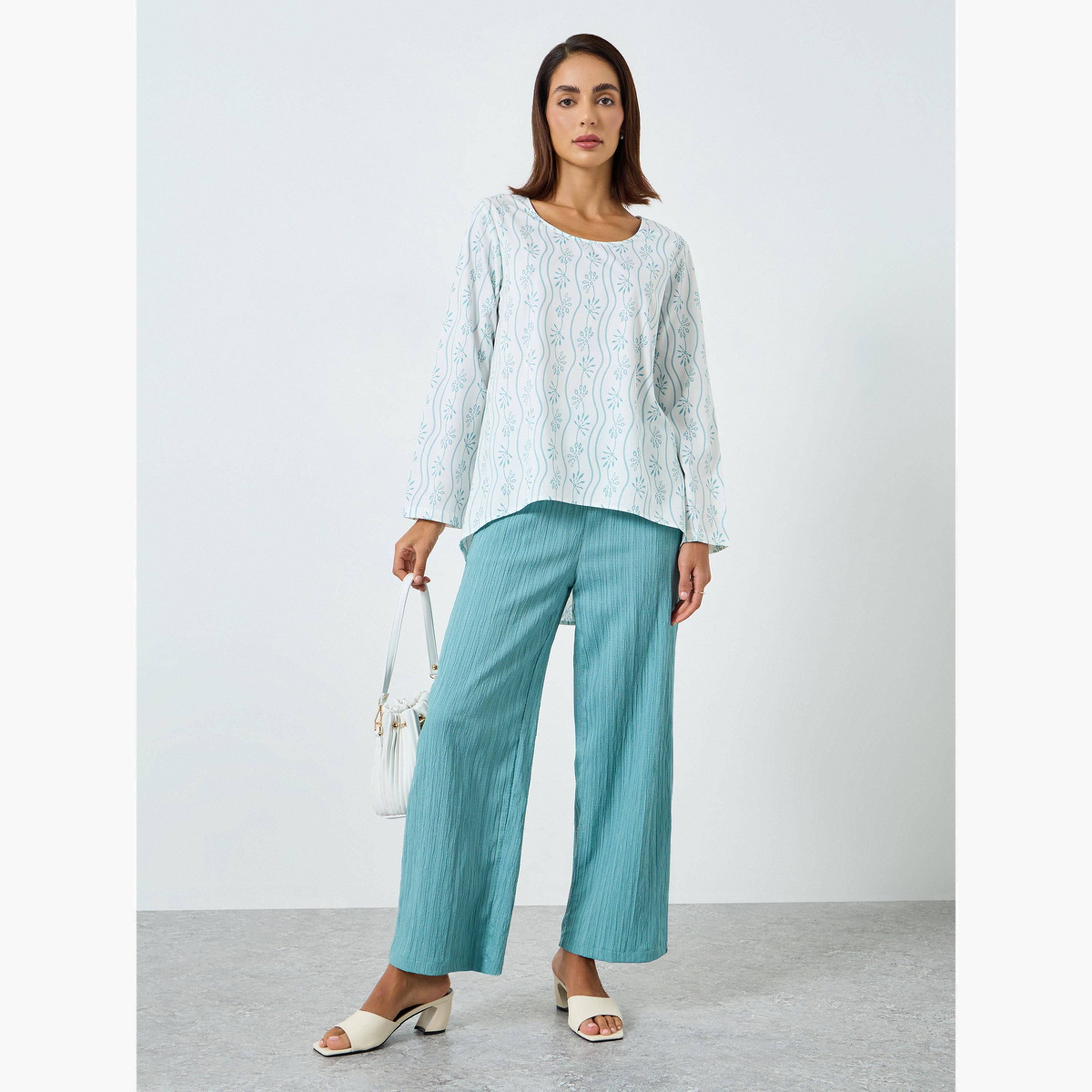 طقم بلوزة مطبعة بأكمام طويلة وبنطال بملمس بارز للنساء-women-clothing-coordsets-image-1