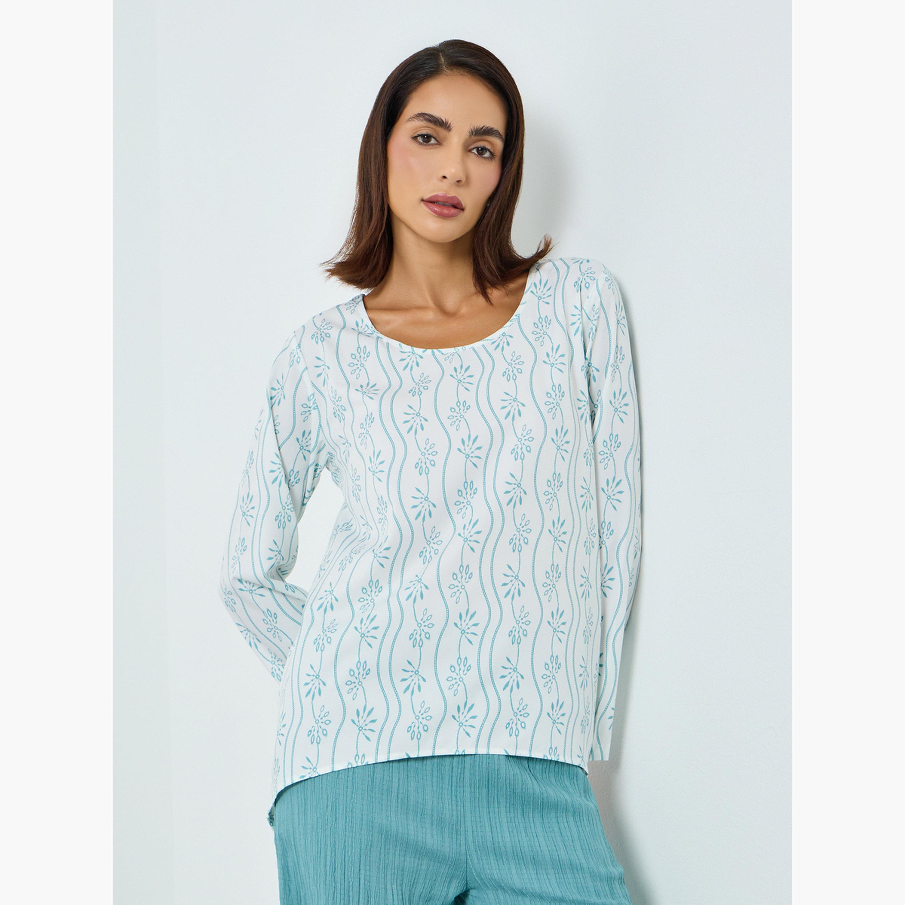 Take Two Women Printed Long Sleeve Top and Textured Pants Co-Ords-women-clothing-coordsets-image-2