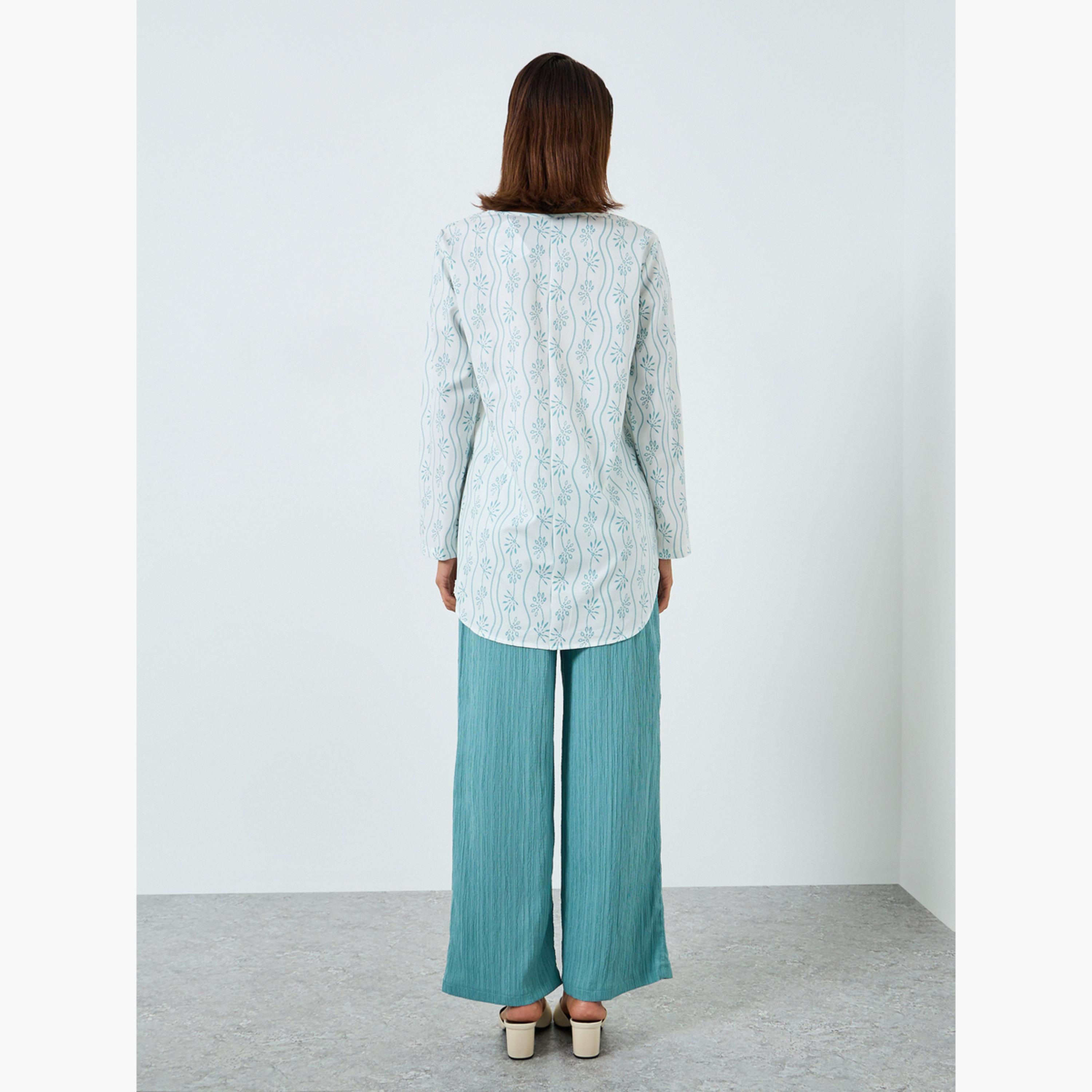 طقم بلوزة مطبعة بأكمام طويلة وبنطال بملمس بارز للنساء-women-clothing-coordsets-image-3