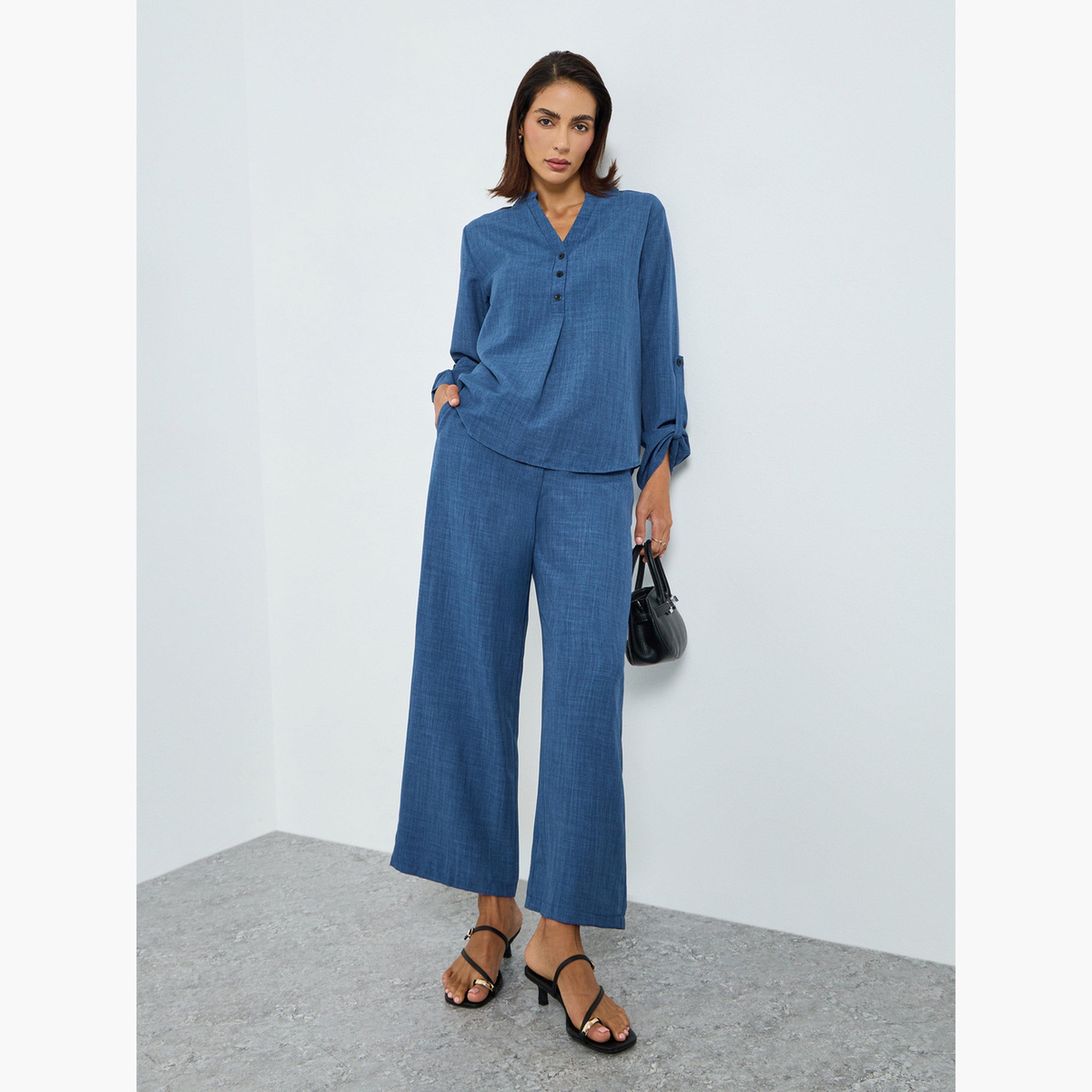 طقم بلوزة سادة بياقة سبعة وبنطلون بخصر مطاطي-women-clothing-coordsets-image-1