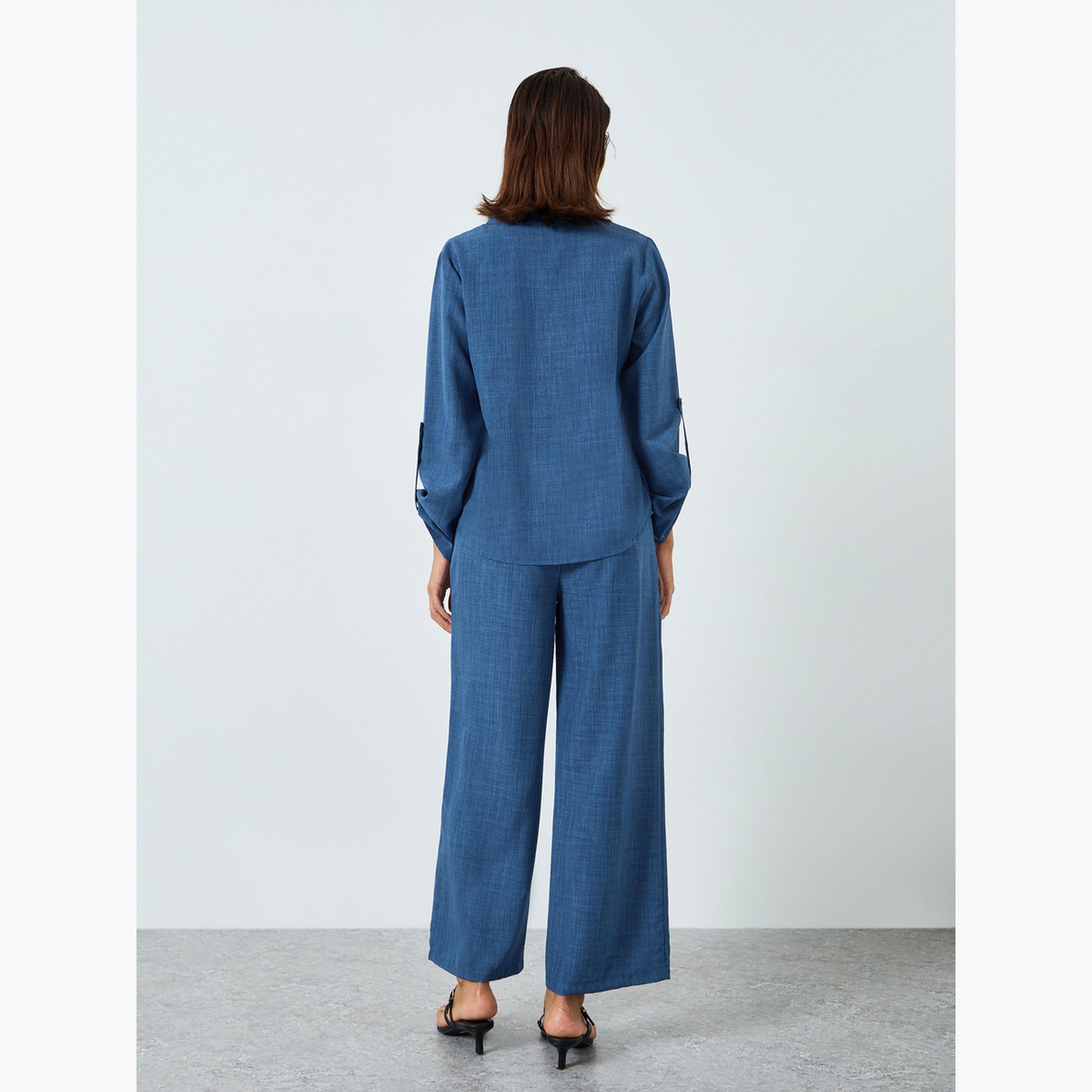 طقم بلوزة سادة بياقة سبعة وبنطلون بخصر مطاطي-women-clothing-coordsets-image-3
