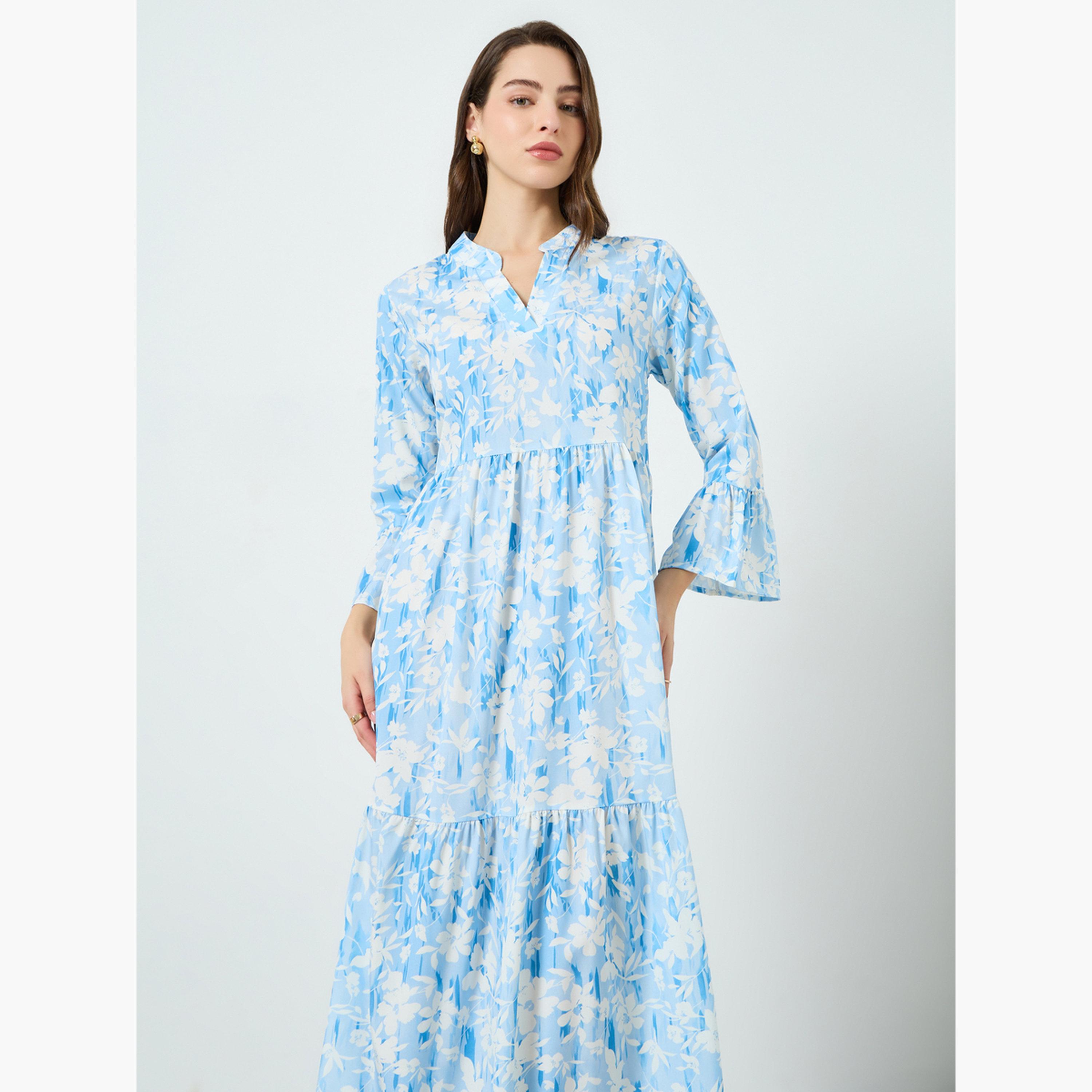 فستان ميدي بكسرات وياقة مفتوحة ونقشة زهور للنساء-women-clothing-dresses-image-2