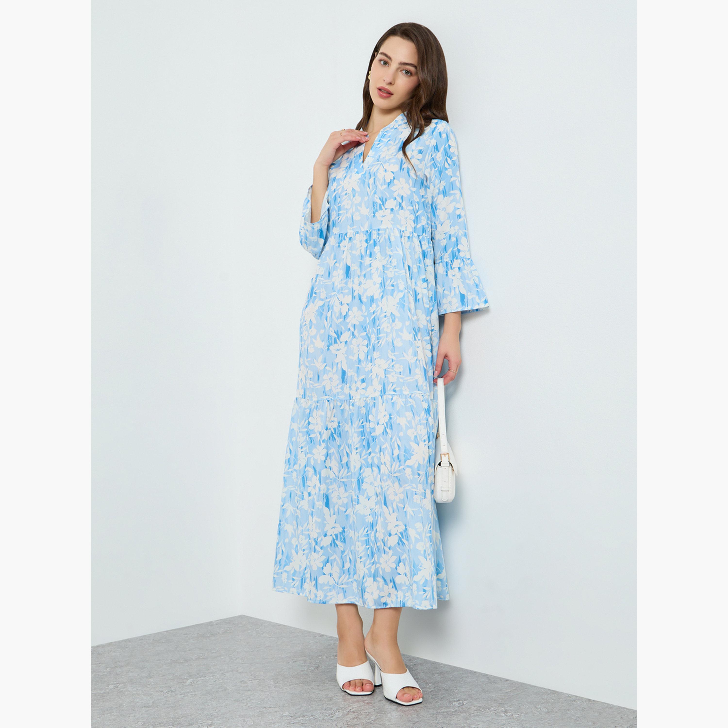 فستان ميدي بكسرات وياقة مفتوحة ونقشة زهور للنساء-women-clothing-dresses-image-3