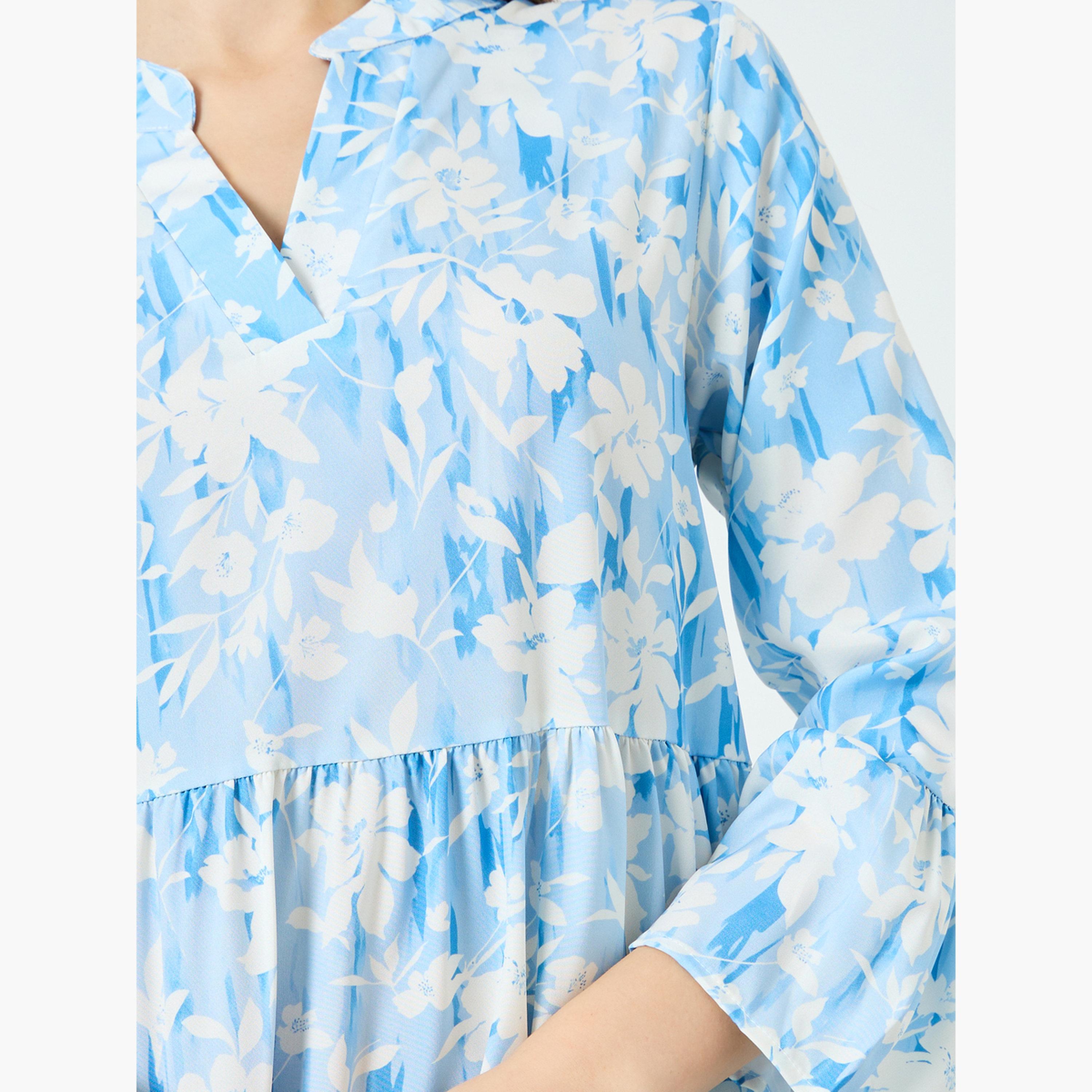 فستان ميدي بكسرات وياقة مفتوحة ونقشة زهور للنساء-women-clothing-dresses-image-5