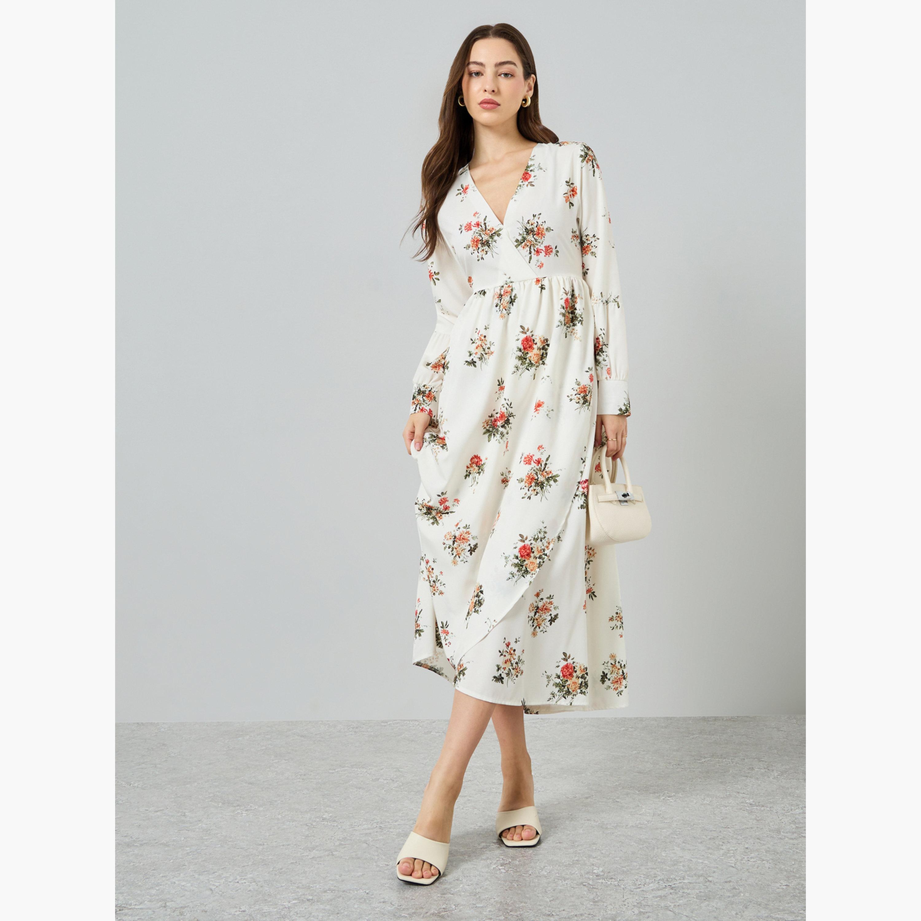 فستان ميدي بأكمام طويلة وياقة بفتحة رقبة ونقشة زهور للنساء-women-clothing-dresses-image-1