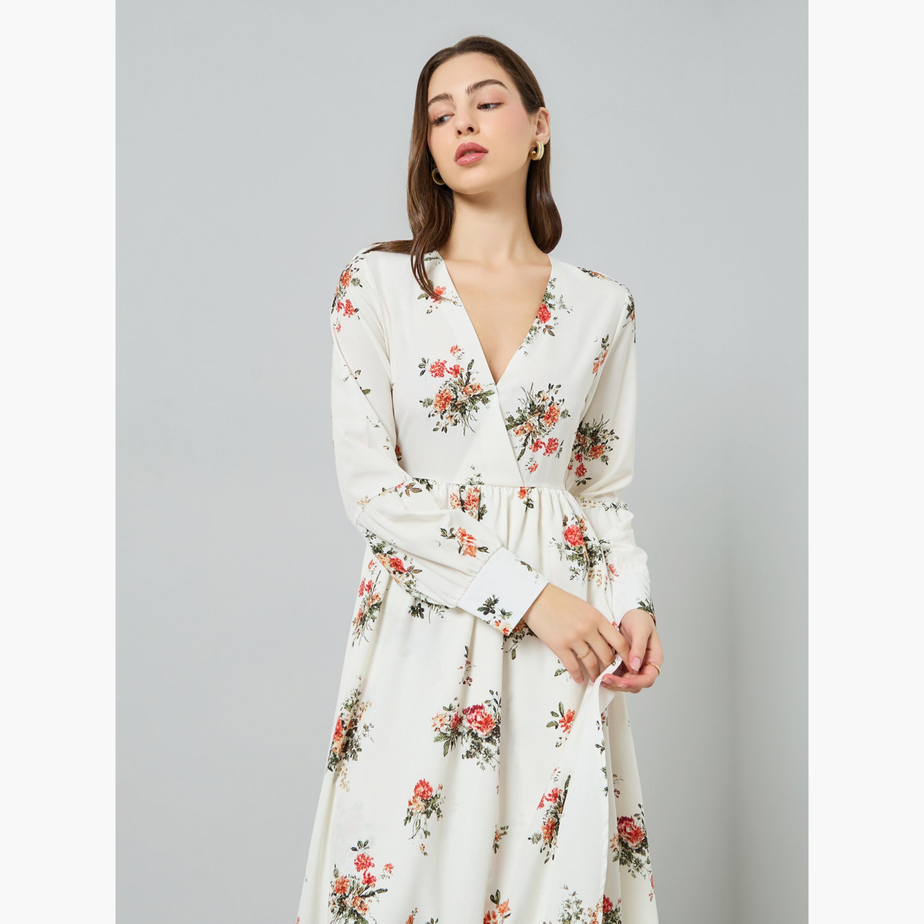فستان ميدي بأكمام طويلة وياقة بفتحة رقبة ونقشة زهور للنساء-women-clothing-dresses-image-2
