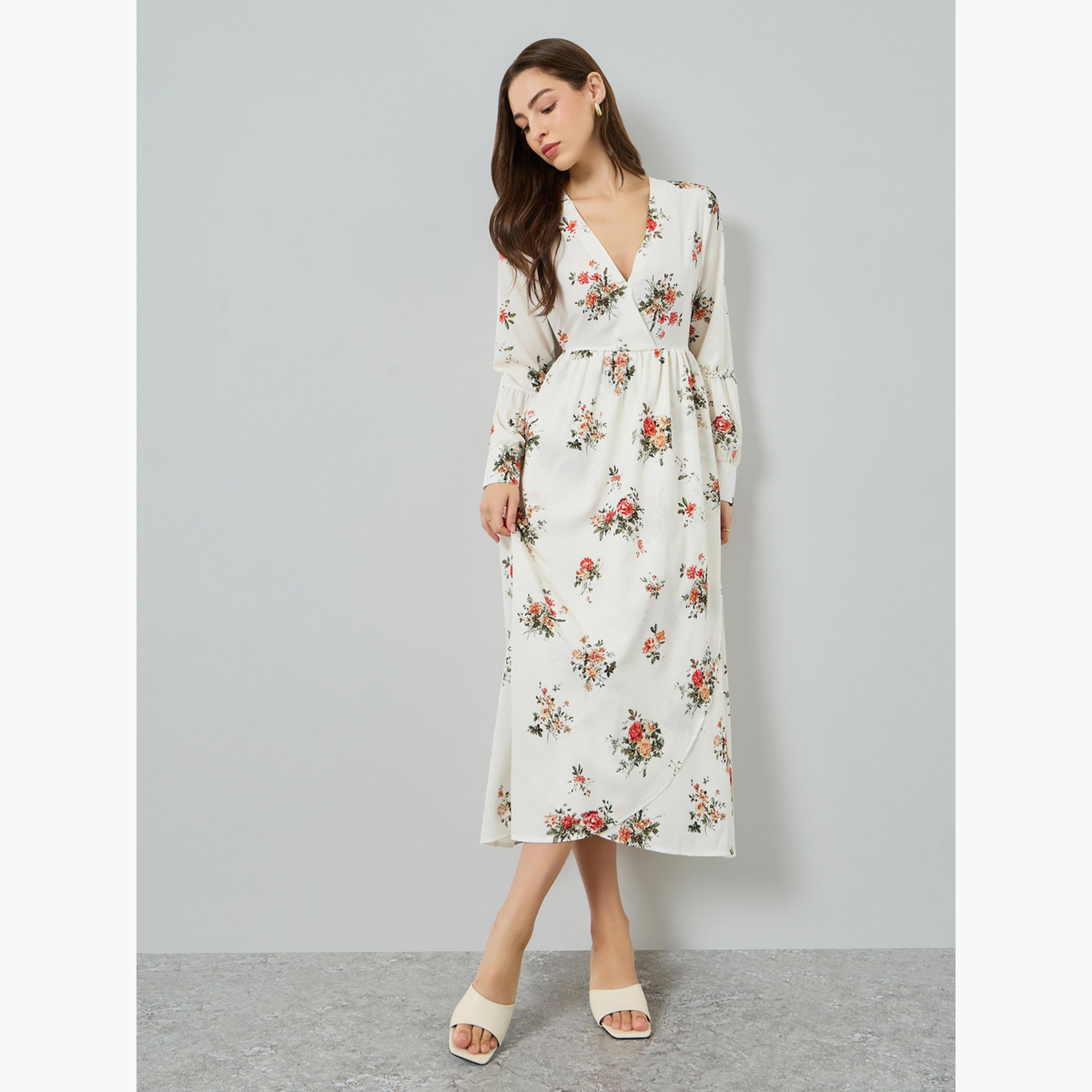 فستان ميدي بأكمام طويلة وياقة بفتحة رقبة ونقشة زهور للنساء-women-clothing-dresses-image-3